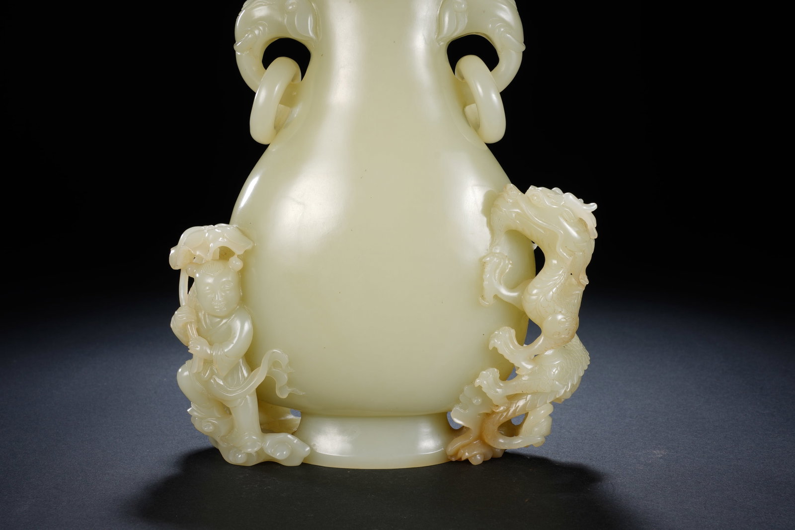 Jade Carved Dragon Pattern Double Elephant Ears Vase - 3