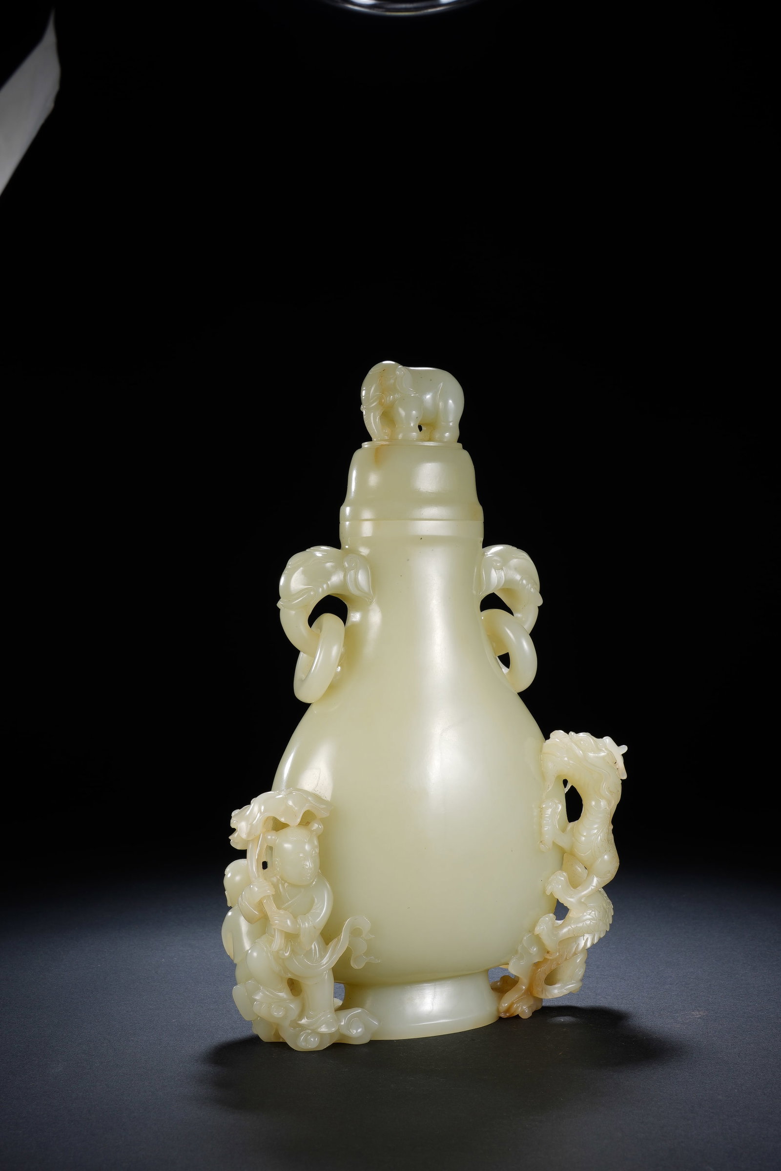 Jade Carved Dragon Pattern Double Elephant Ears Vase - 4