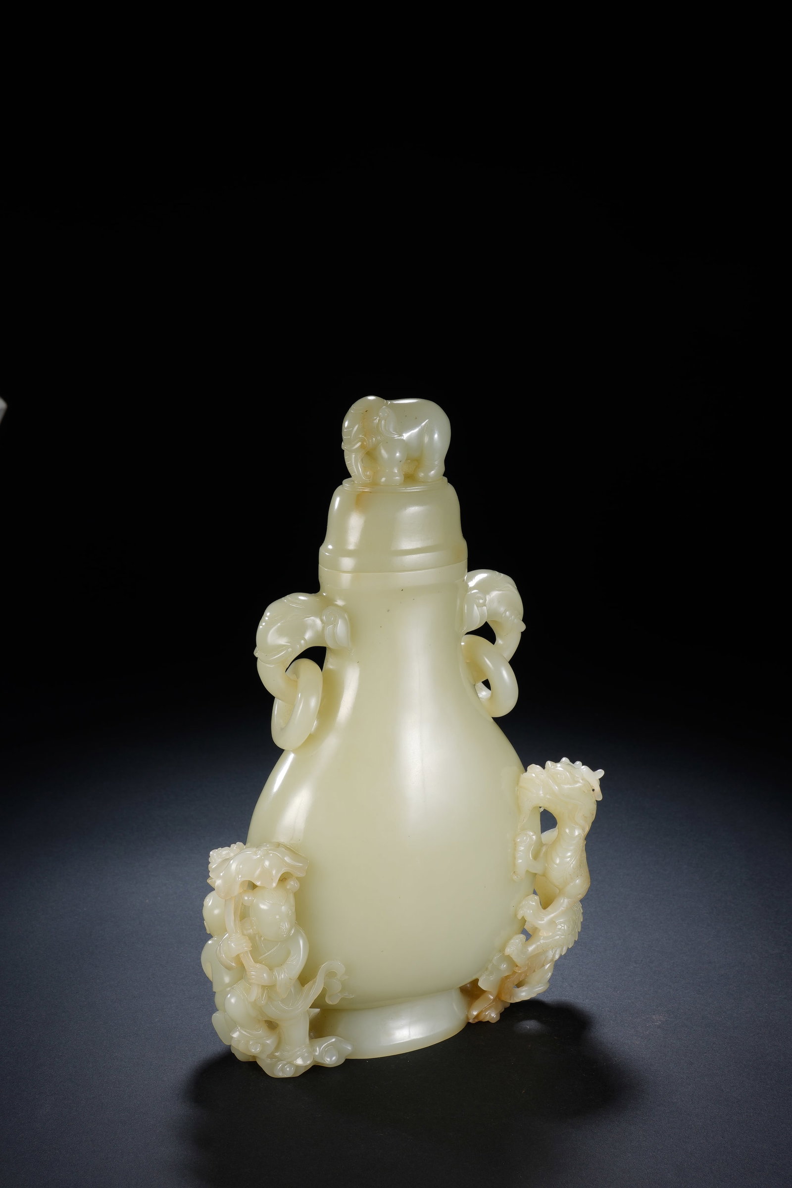 Jade Carved Dragon Pattern Double Elephant Ears Vase - 5