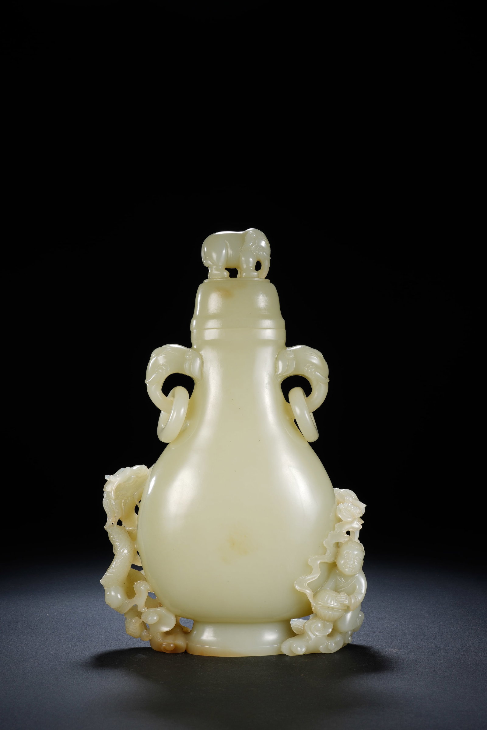 Jade Carved Dragon Pattern Double Elephant Ears Vase - 8