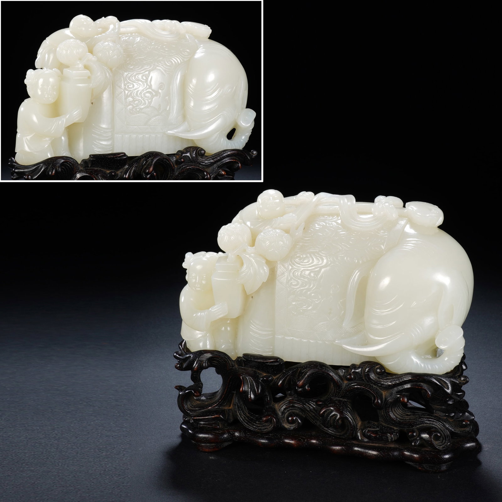 Jade Carved Children and Elephant Shape Figure: Jade Carved Children and Elephant Shape Figure (14 x 5.5 x 8cm,Weight 1118g)