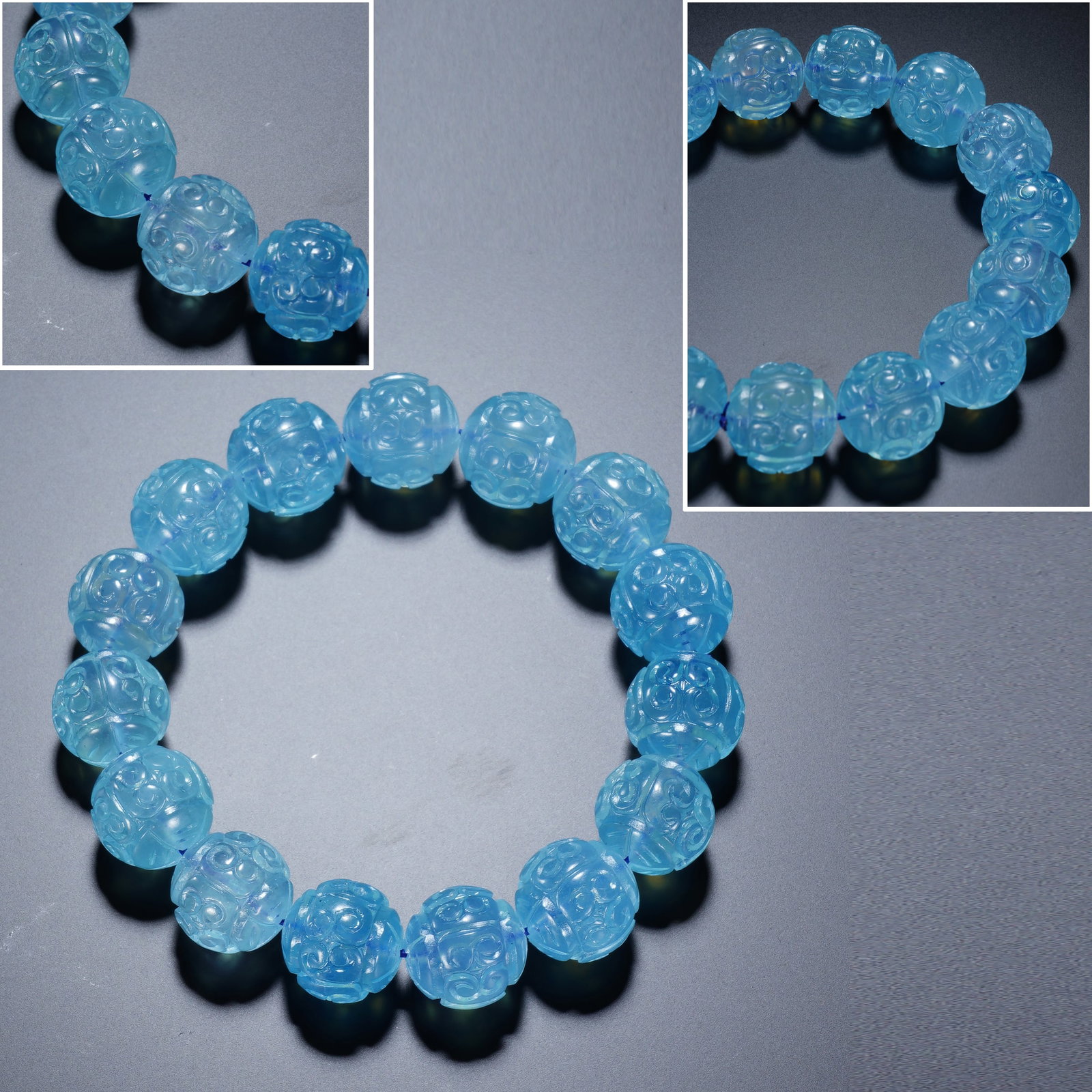 Aquamarine Carved Flower Pattern Bead Bracelet: Aquamarine Carved Flower Pattern Bead Bracelet (1.5cm,Weight 68g)