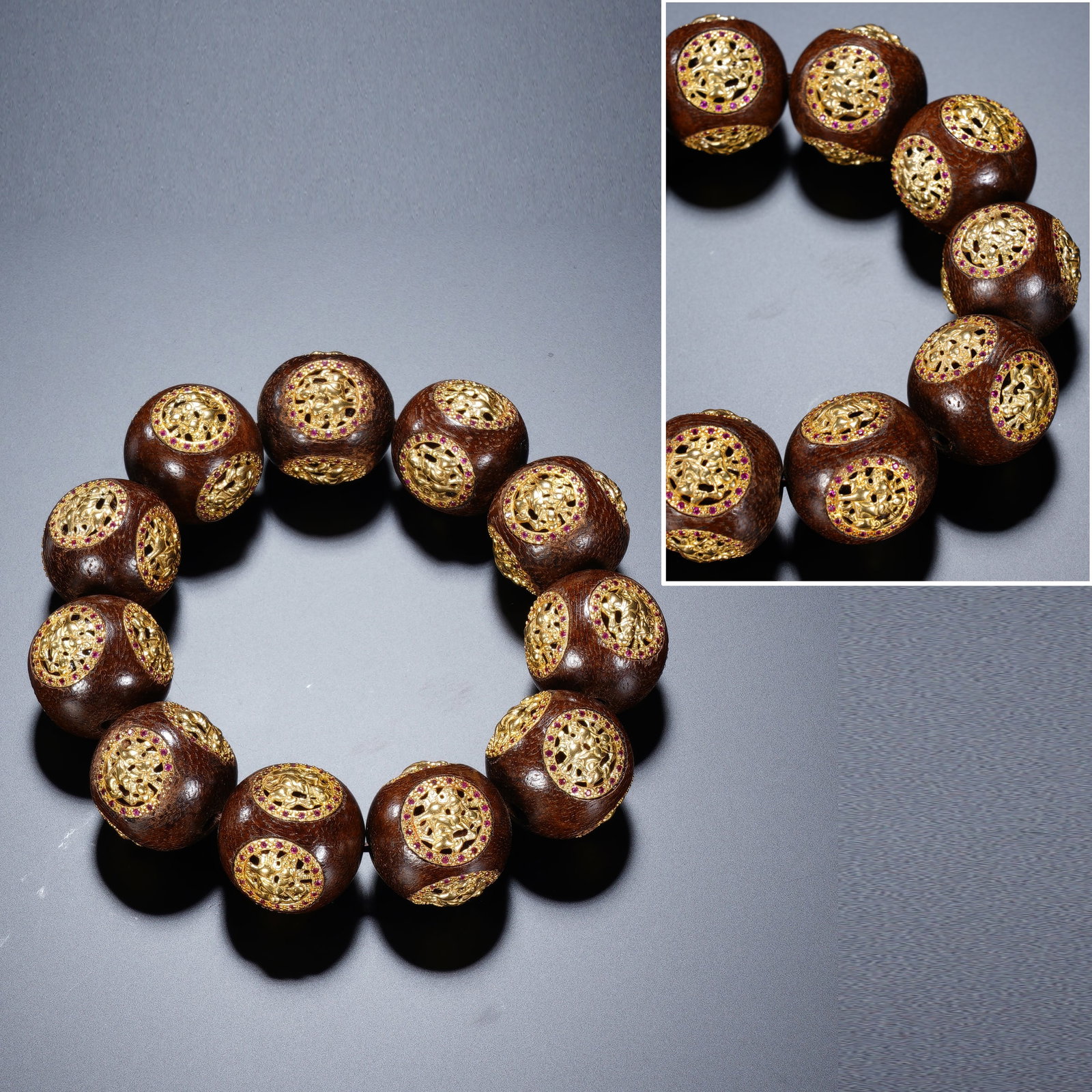 Agarwood Inlaid Gilt Bronze Carved Shou Pattern Bead Bracelet: Agarwood Inlaid Gilt Bronze Carved Shou Pattern Bead Bracelet (2.2cm,Weight 82g)