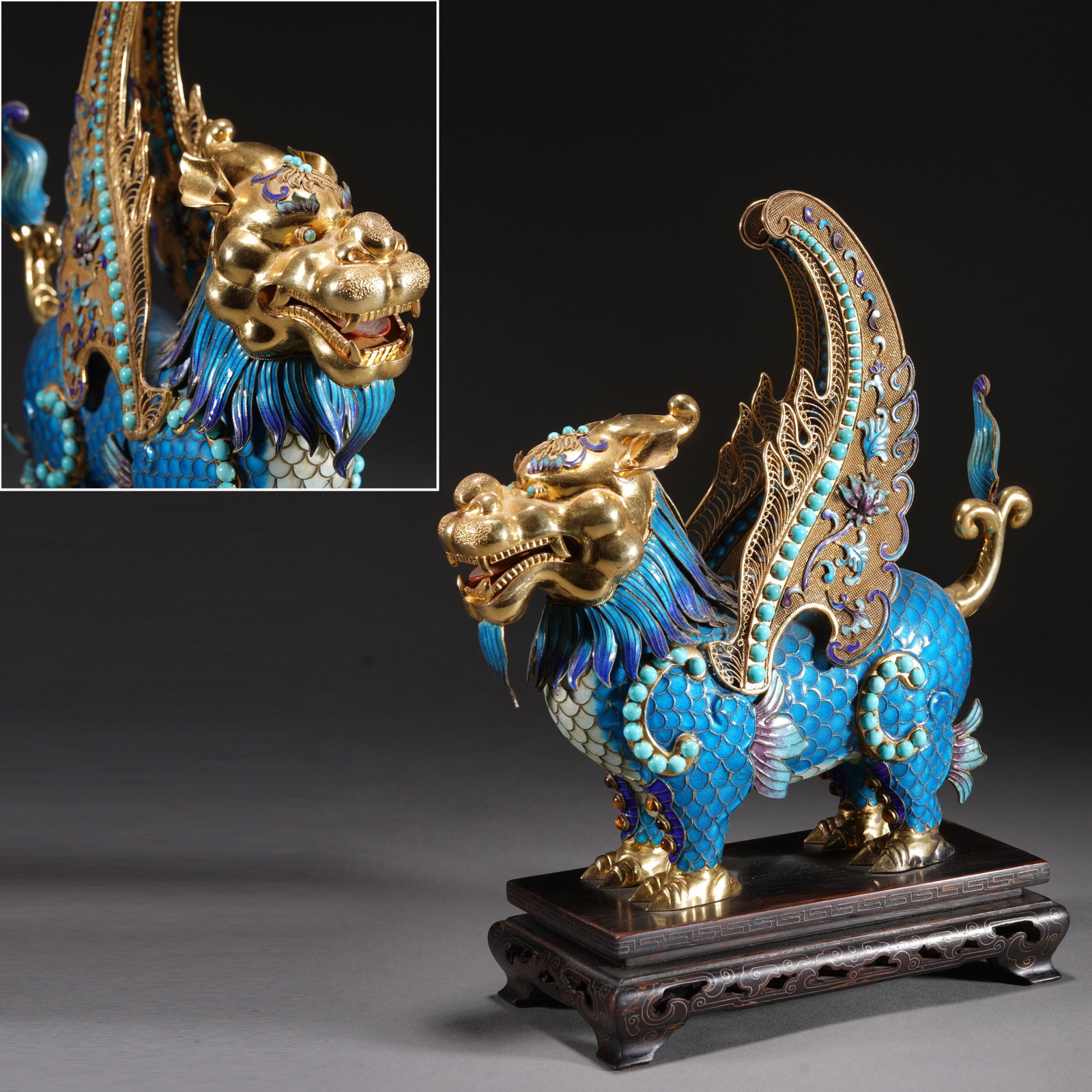 Gilt Silver Inlaid Blue Enameled and Turquoise Carved Kirin Shape Figure: Gilt Silver Inlaid Blue Enameled and Turquoise Carved Kirin Shape Figure (20 x 7.8 x 24cm)