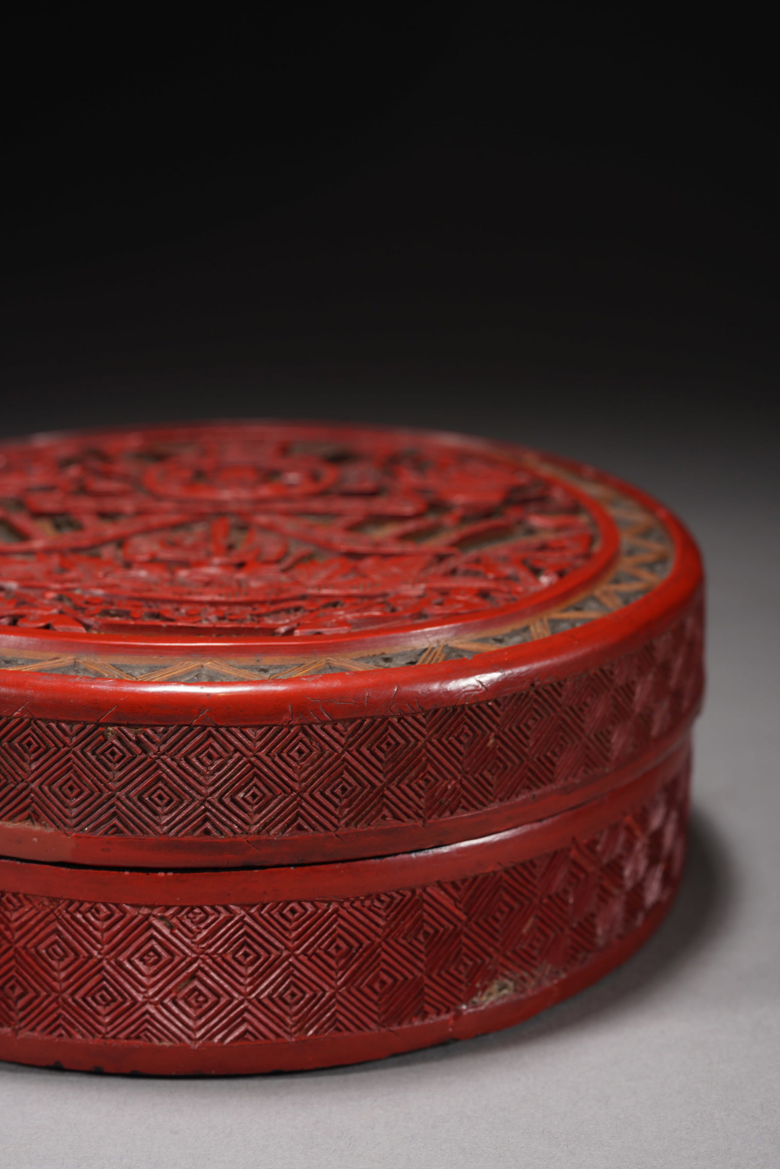Lacquerware Red Carved Flower and Chun Pattern Lid Box - 3