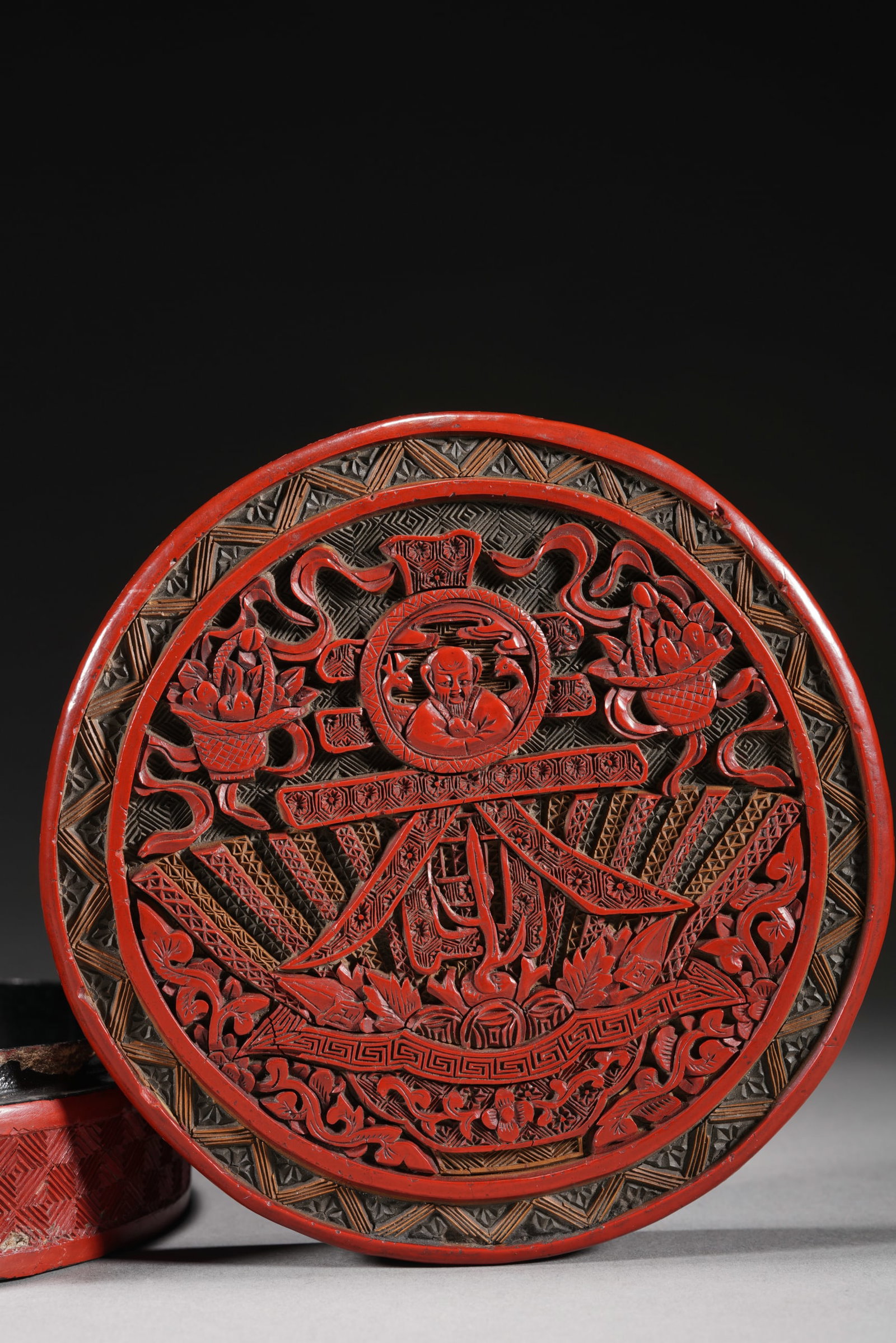 Lacquerware Red Carved Flower and Chun Pattern Lid Box - 5