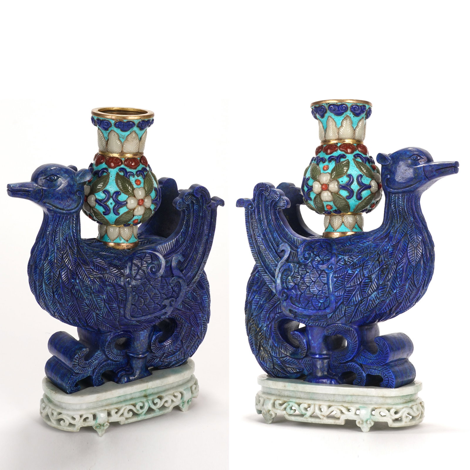 Pair of Lapis Inlaid Jade and Gem Stone Carved Phoenix Shape Zun: Pair of Lapis Inlaid Jade and Gem Stone Carved Phoenix Shape Zun (22.5cm)