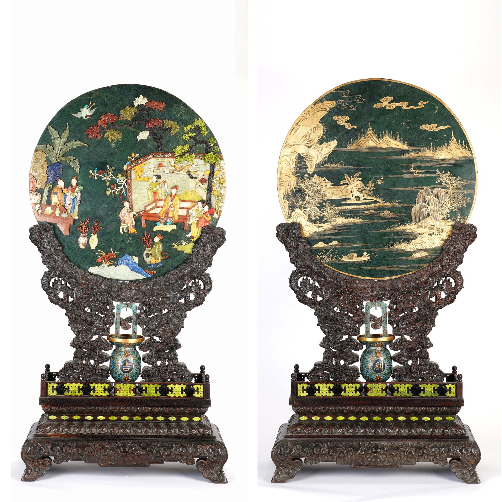Red Sandalwood Inlaid Jasper Jade and Gem Stone Gold Drawing Carved Character Story Pattern Table: Red Sandalwood Inlaid Jasper Jade and Gem Stone Gold Drawing Carved Character Story Pattern Table Plaque (52 x 26 x 102cm)