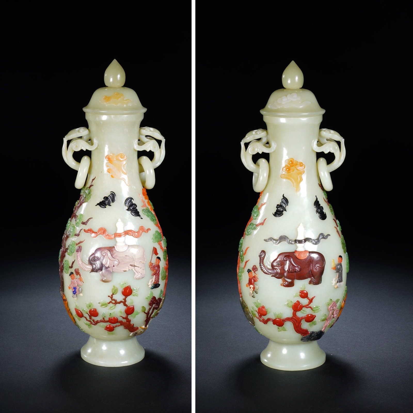 Jade Multi GemStone Inlaid Carved Children and Elephant Pattern Double Reishi Mushroom Ears Vase: Jade Multi GemStone Inlaid Carved Children and Elephant Pattern Double Reishi Mushroom Ears Vase (9 x 27cm,Weight 726g)