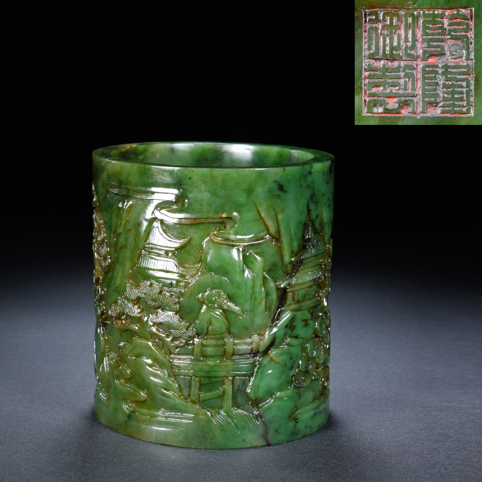 Jasper Jade Carved Landscape and Character Pattern Brush Pot: Jasper Jade Carved Landscape and Character Pattern Brush Pot (11 x 12cm,Weight 1075g)