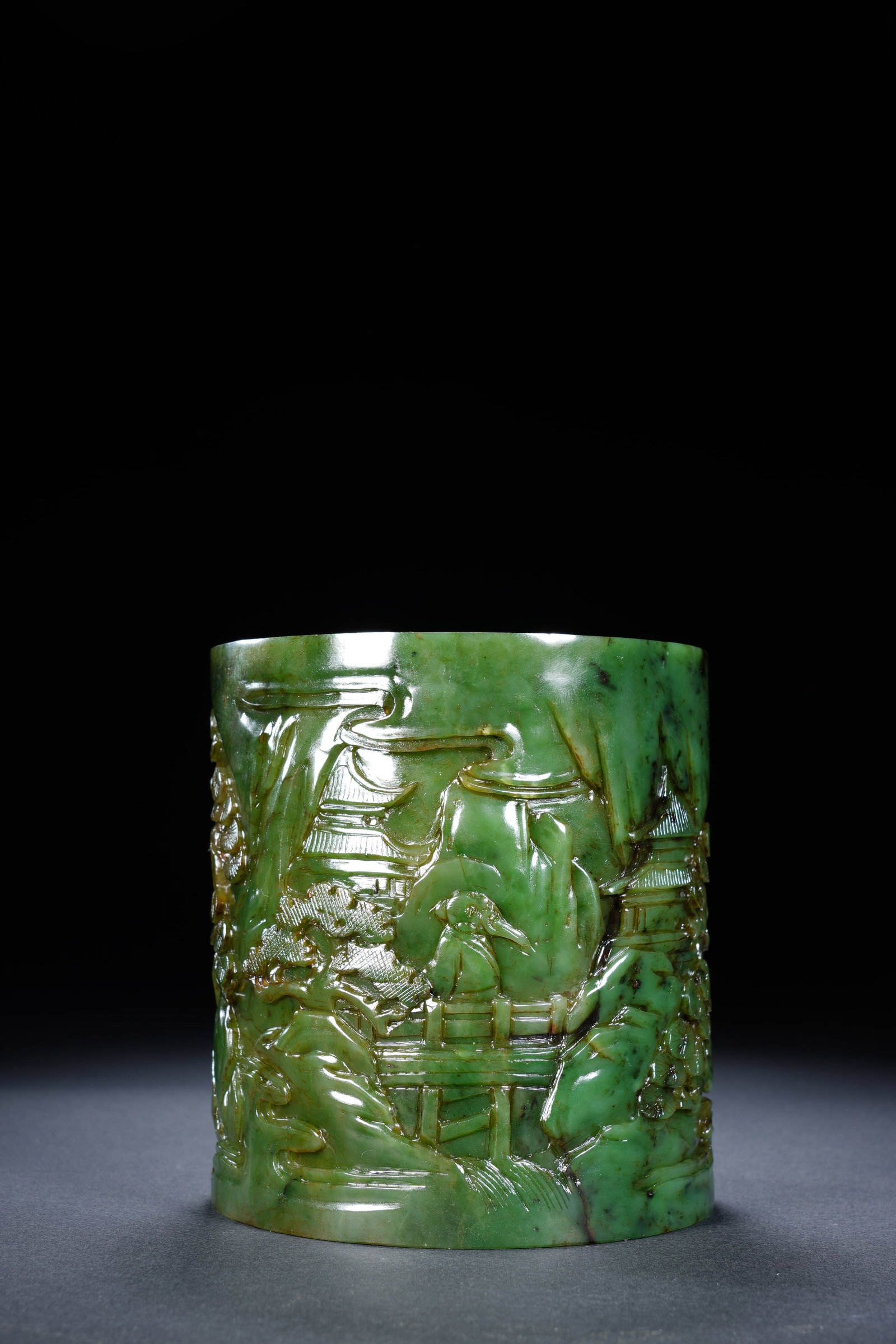 Jasper Jade Carved Landscape and Character Pattern Brush Pot - 2
