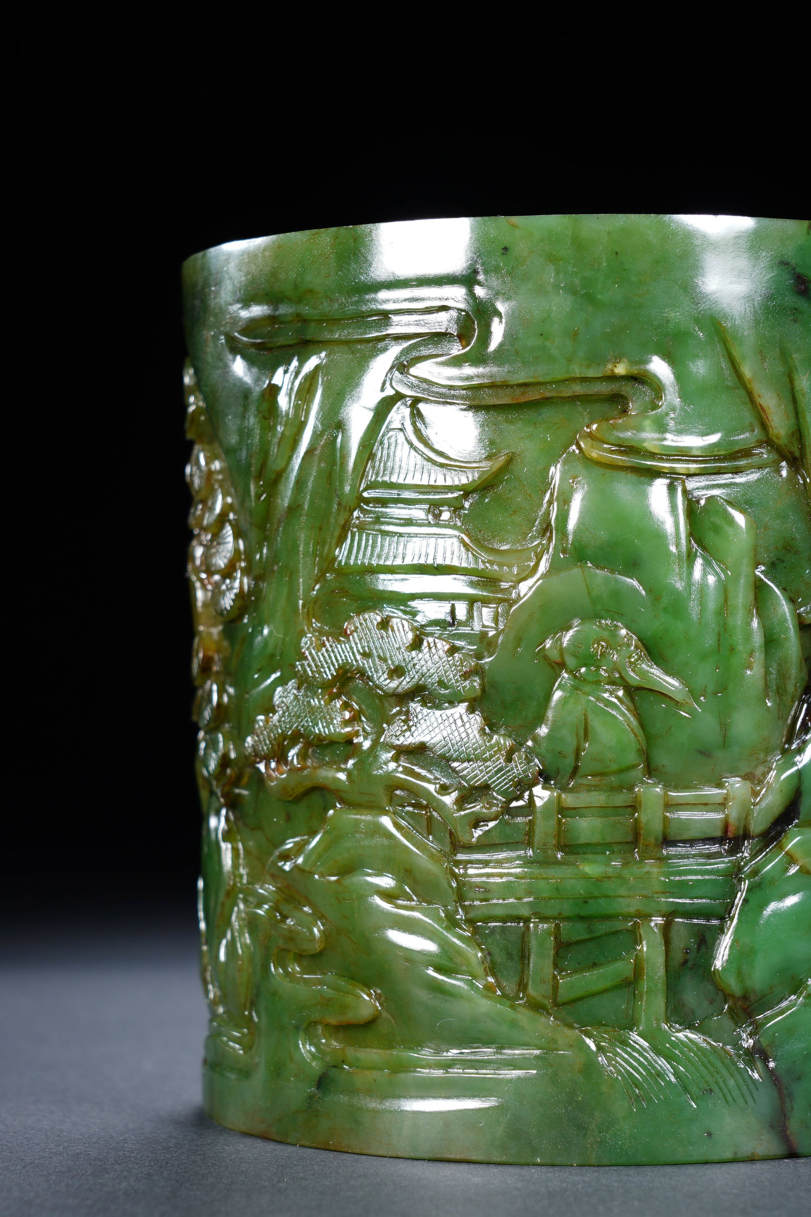 Jasper Jade Carved Landscape and Character Pattern Brush Pot - 3