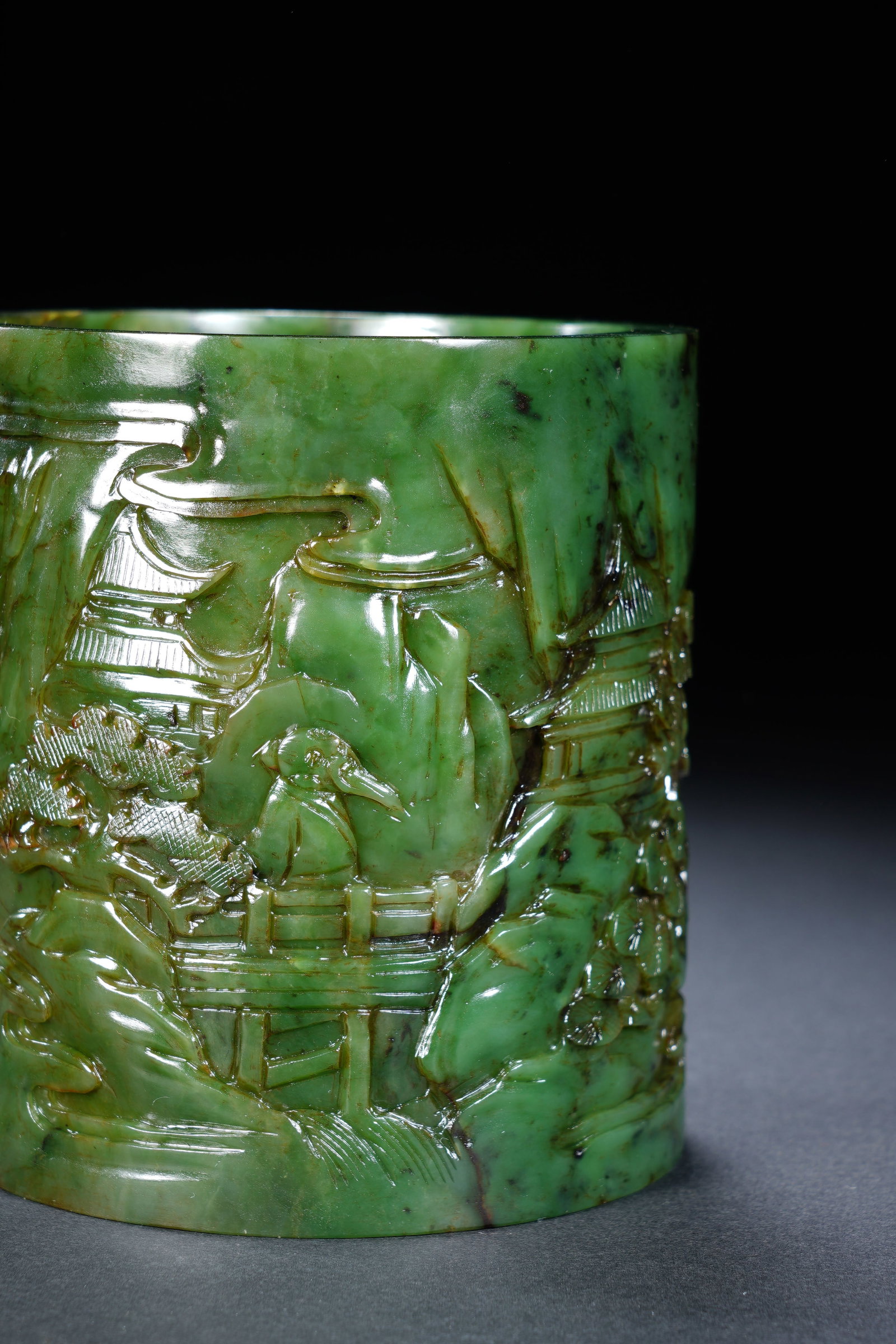 Jasper Jade Carved Landscape and Character Pattern Brush Pot - 4