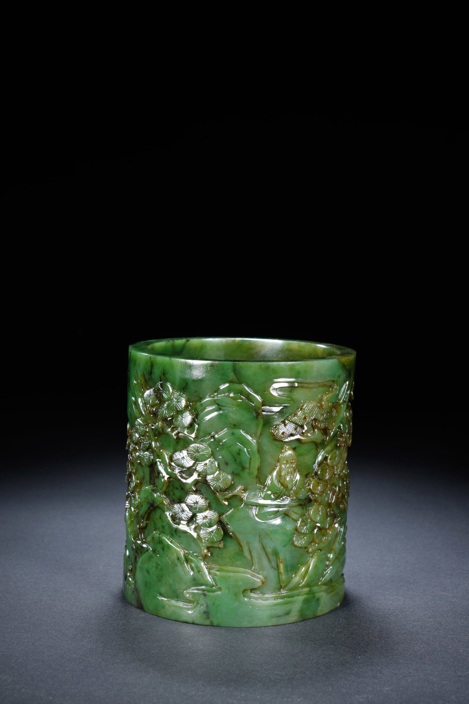 Jasper Jade Carved Landscape and Character Pattern Brush Pot - 6