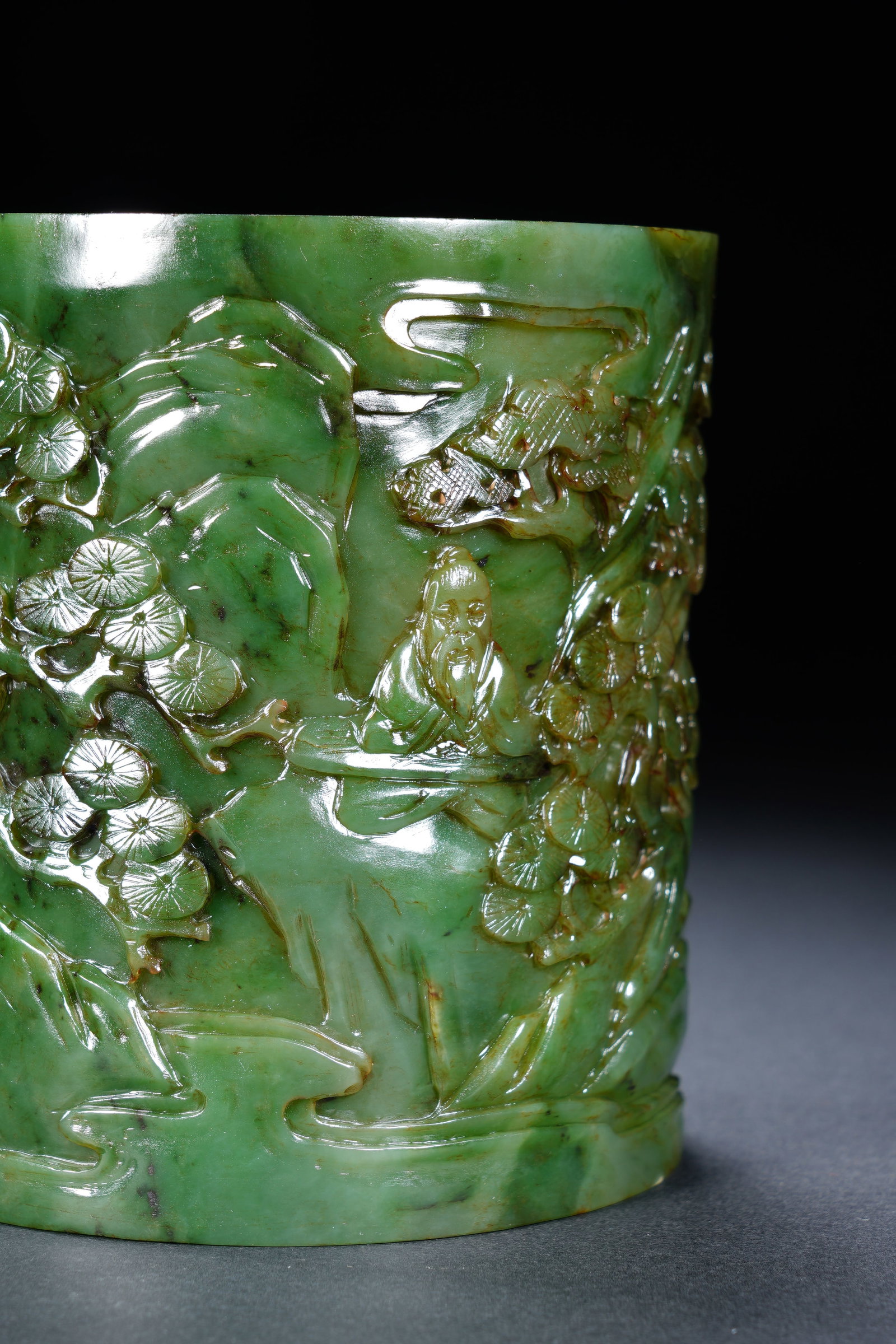Jasper Jade Carved Landscape and Character Pattern Brush Pot - 7