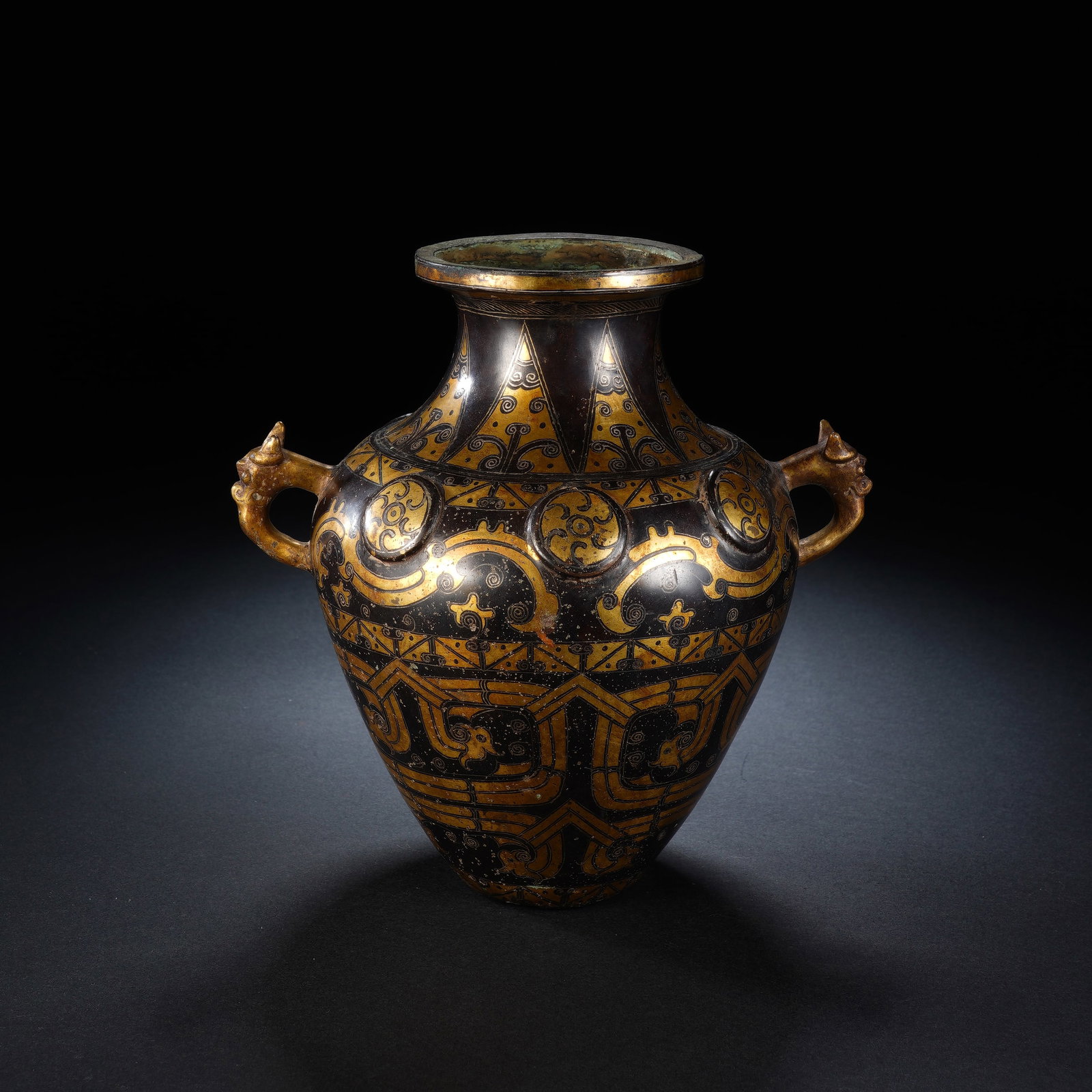 Bronze Gold and Silver Inlaid Carved Dragon Pattern Double Beast Ears Pot (1 of 8)