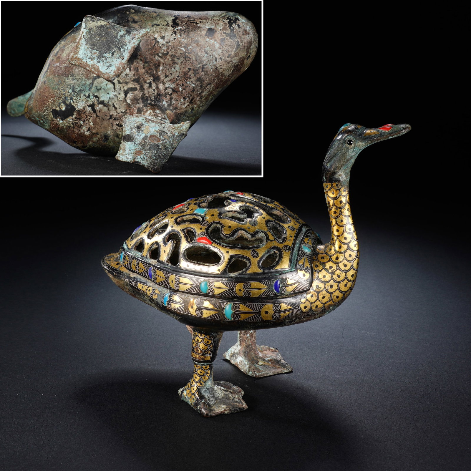 Bronze Gold and Silver Inlaid Gem Stone Carved Goose Shape Incense Burner: Bronze Gold and Silver Inlaid Gem Stone Carved Goose Shape Incense Burner (17 x 9 x 15cm,Weight 856g)