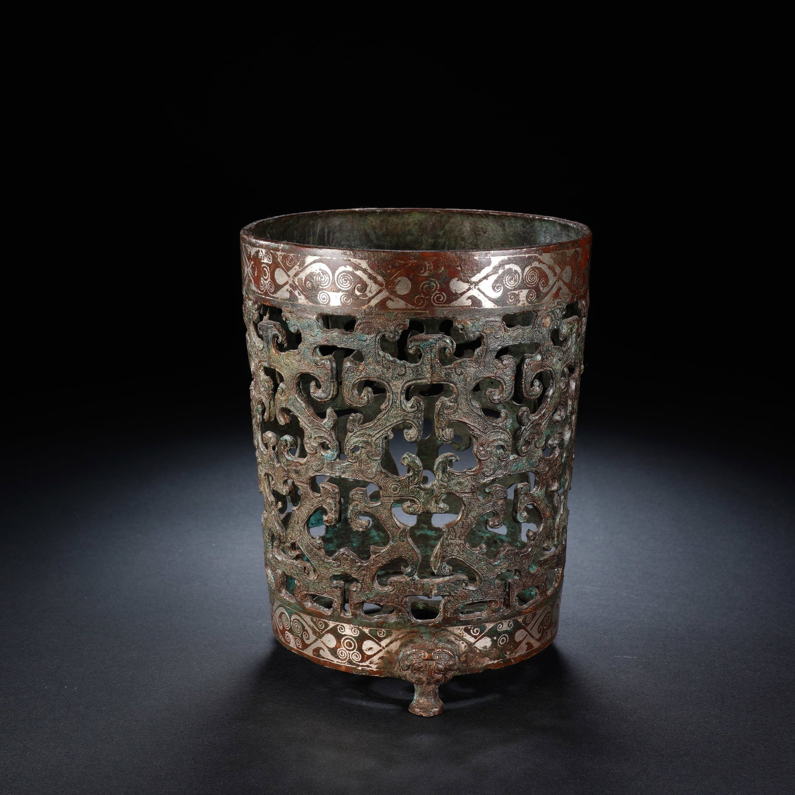 Chinese Bronze Inlaid Silver Carved Dragon and Phoenix Pattern Brush Pot (1 of 8)