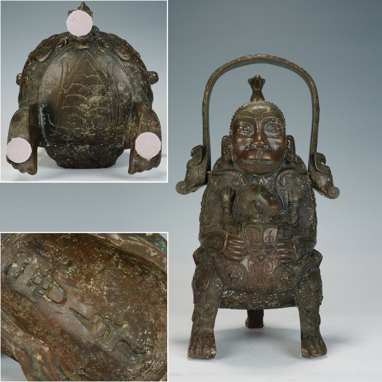 Chinese Bronze Carved Beast Face and Character Face Pattern Handle Pot: Chinese Bronze Carved Beast Face and Character Face Pattern Handle Pot (19 x 20 x 33cm,Weight 7.1kg)