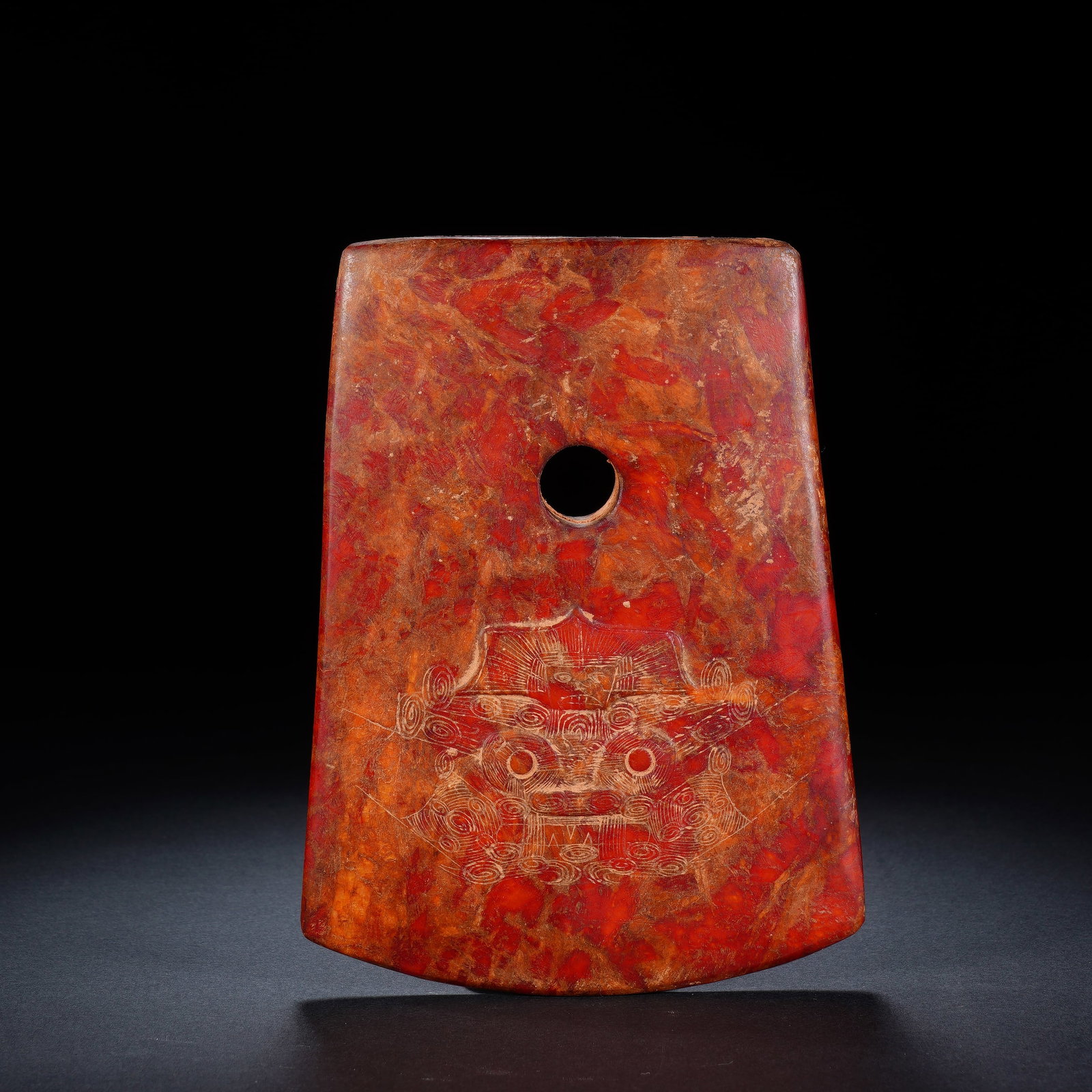 Liangzhu Jade Carved Beast Face Pattern Axe: Liangzhu Jade Carved Beast Face Pattern Axe (13.5 x 10.4 x 1.4cm,Weight 327g)