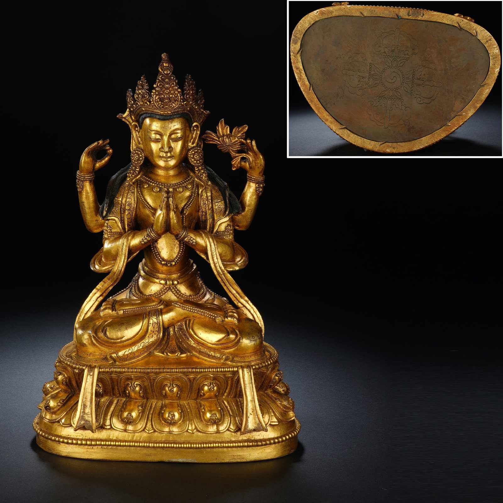 Gilt Bronze Four Armed GuanYin Figure: Gilt Bronze Four Armed GuanYin Figure (16 x 11 x 23cm,Weight 2868g)