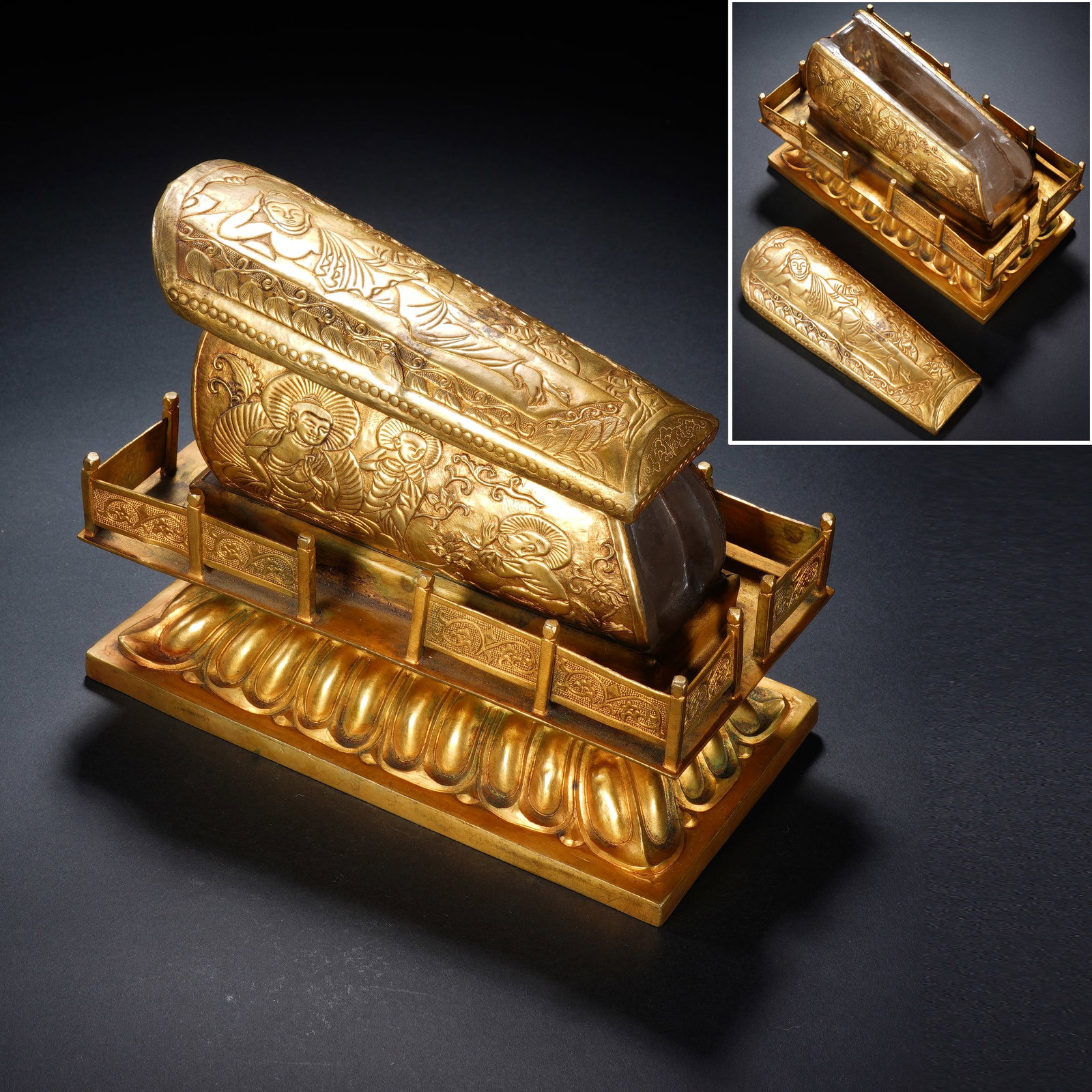 Gilt Bronze Carved Buddha Pattern Coffin: Gilt Bronze Carved Buddha Pattern Coffin (17 x 10 x 13.5cm,Weight 1923g)