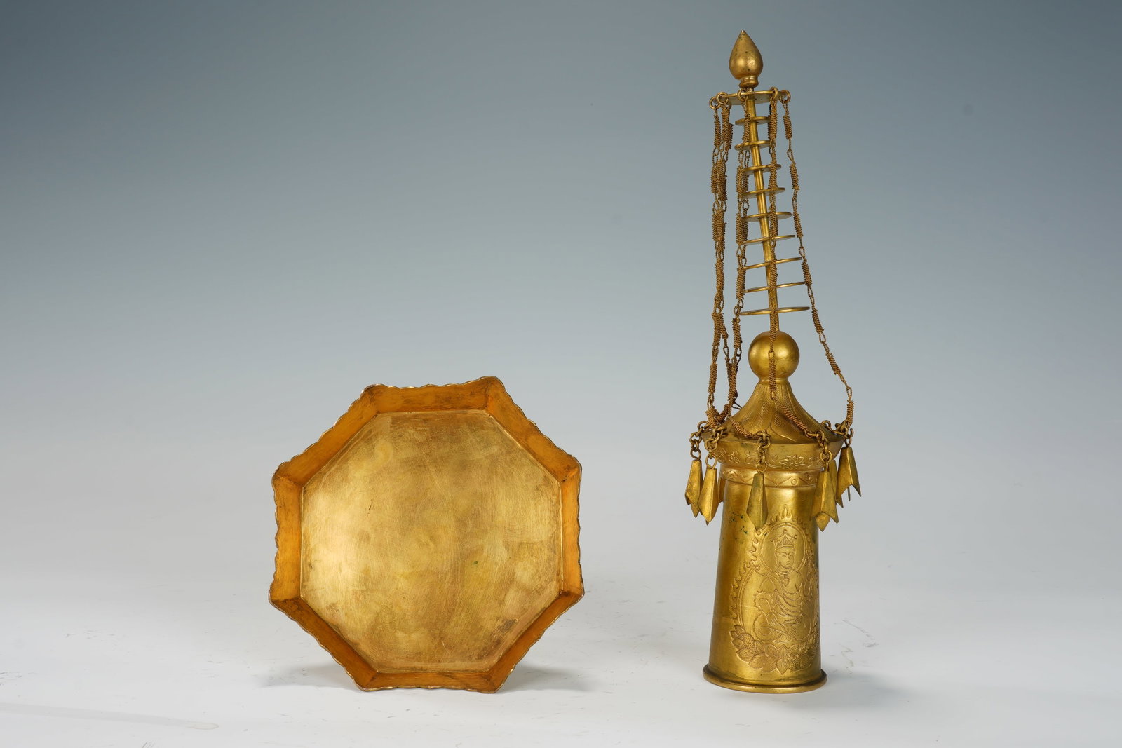 Gilt Bronze Carved Buddha Pattern Pagoba - 10