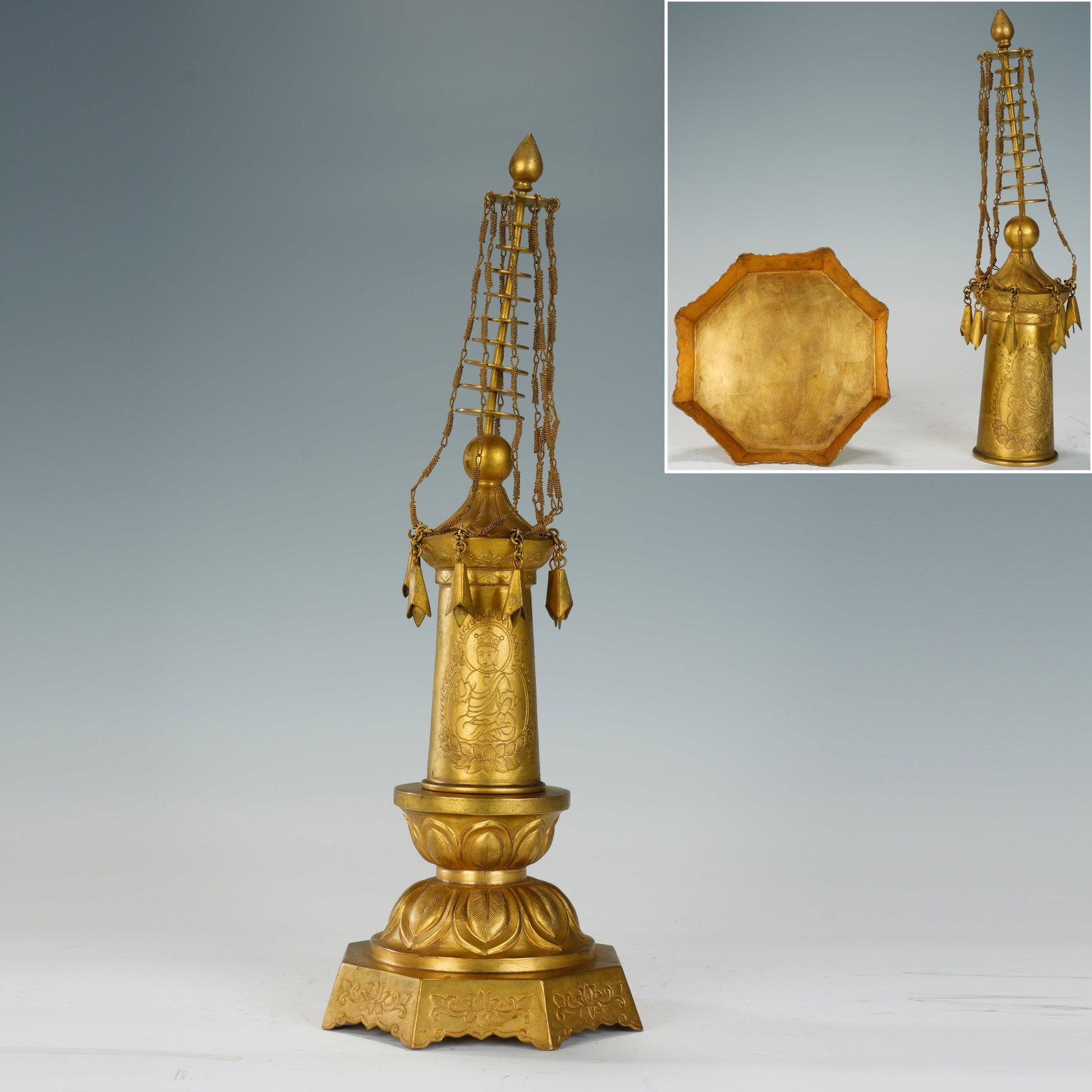 Gilt Bronze Carved Buddha Pattern Pagoba: Gilt Bronze Carved Buddha Pattern Pagoba (14 x 39cm,Weight 1124g)