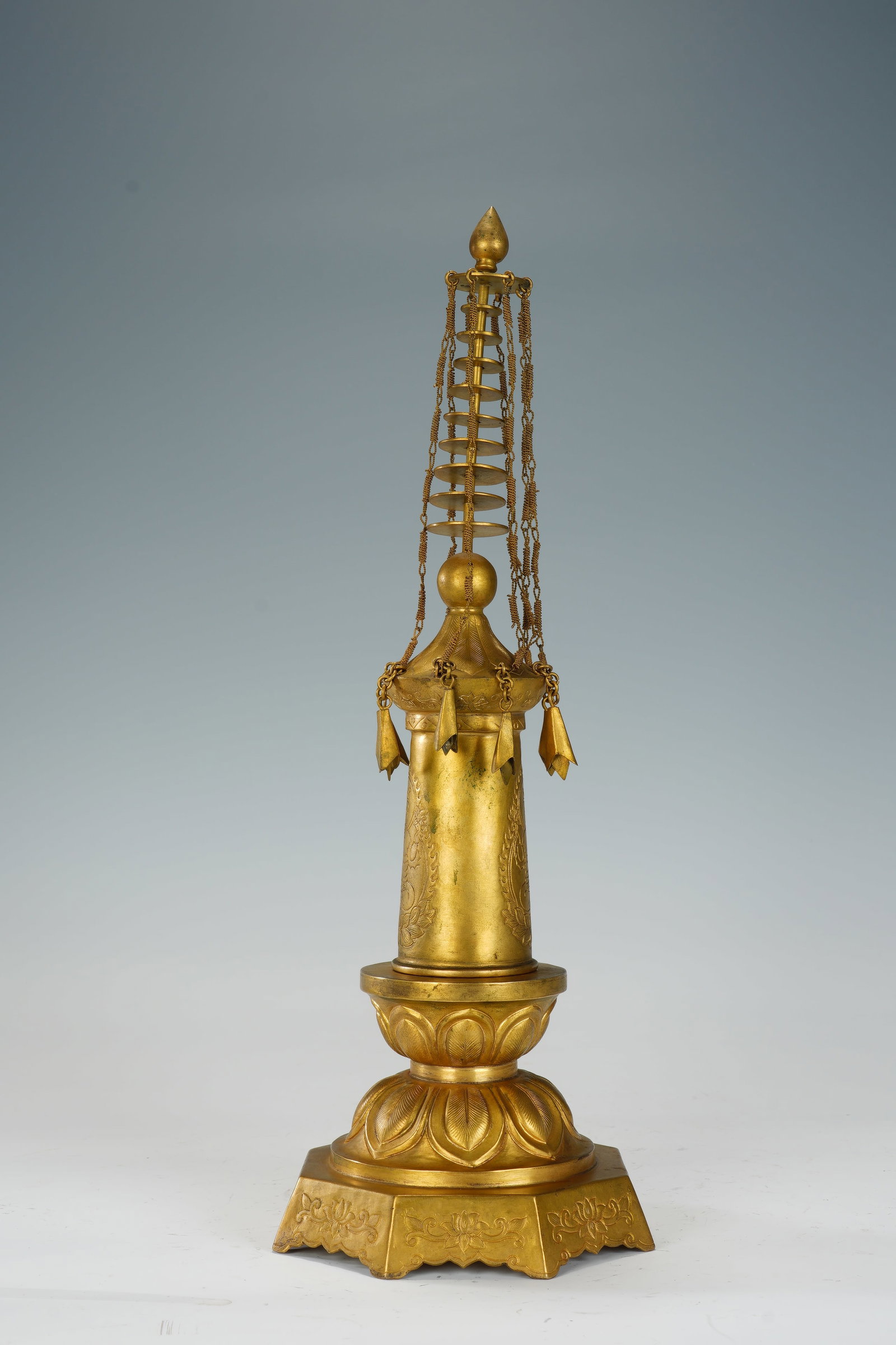 Gilt Bronze Carved Buddha Pattern Pagoba - 5