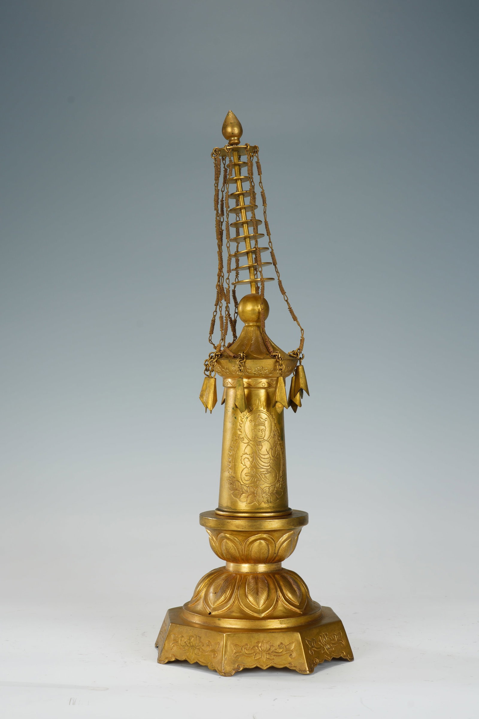 Gilt Bronze Carved Buddha Pattern Pagoba - 6