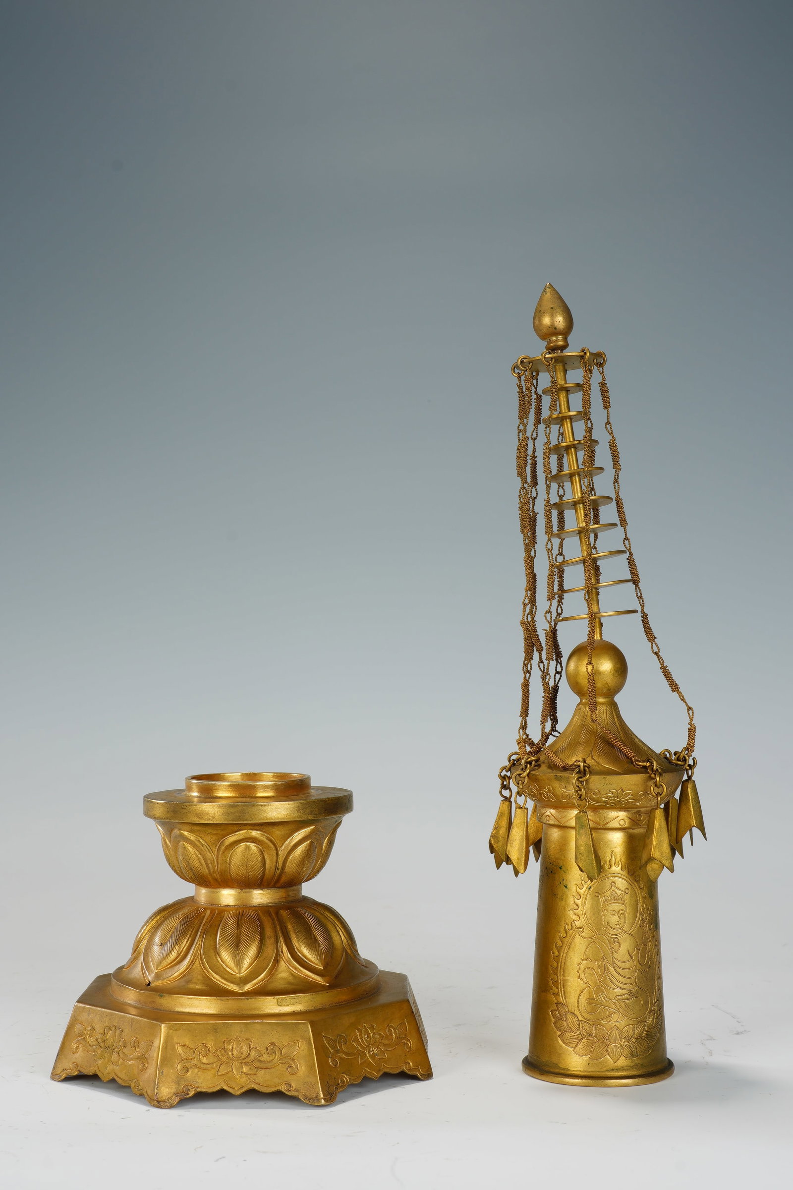 Gilt Bronze Carved Buddha Pattern Pagoba - 8