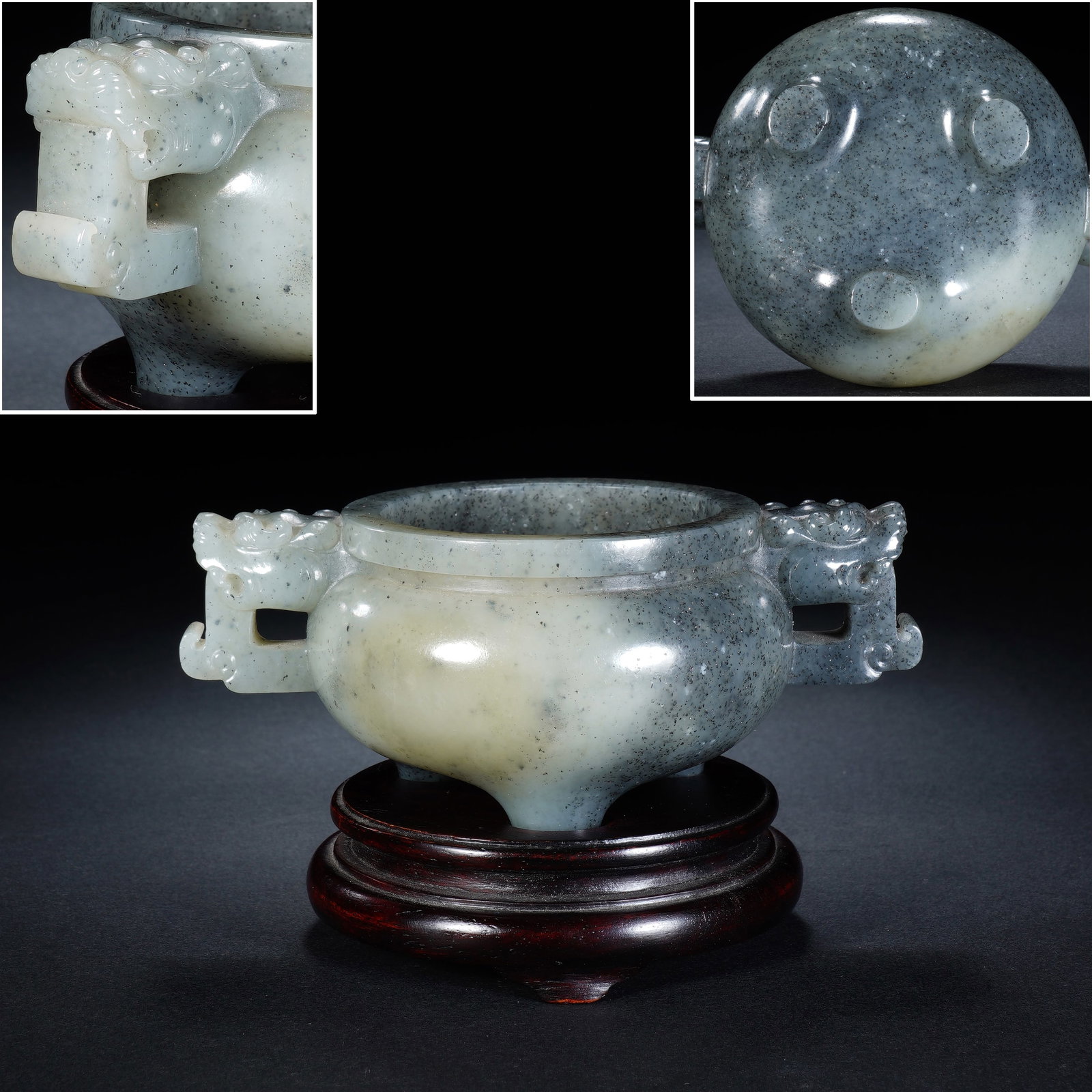 Jade Carved Double Chi Dragon Ears Incense Burner: Jade Carved Double Chi Dragon Ears Incense Burner (13 x 8.5 x 5.5cm,Weight 278g)