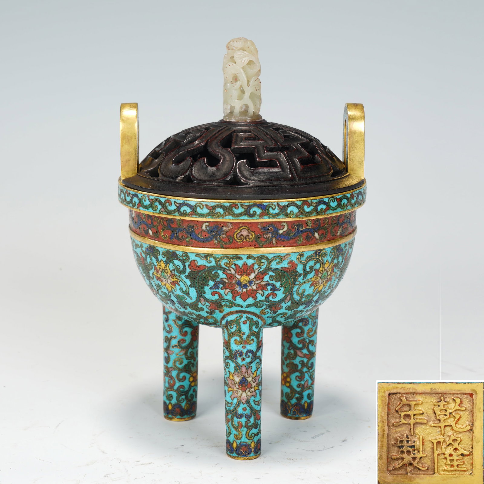 Bronze Cloisonne Carved Flower Branch Pattern Double Ears Incense Burner: Bronze Cloisonne Carved Flower Branch Pattern Double Ears Incense Burner (11 x 17cm,Weight 693g)