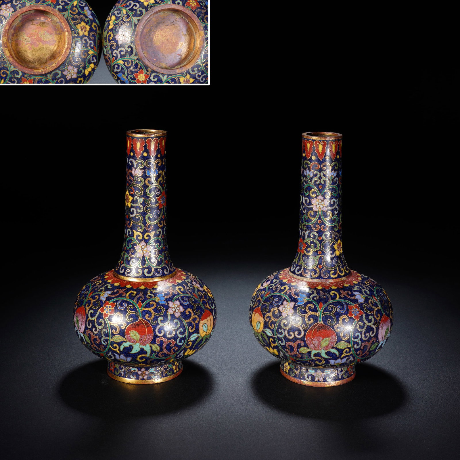 Pair of Bronze Cloisonne Carved Flower and Peach Pattern Vase: Pair of Bronze Cloisonne Carved Flower and Peach Pattern Vase (9 x 15cm,Weight 682g)