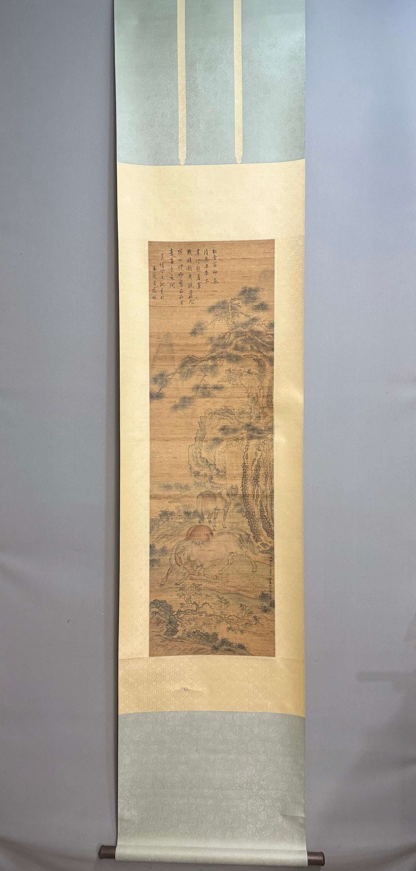 Chinese Drawing Landscape and Horse Painting,Zhao Mengfu Mark: Chinese Drawing Landscape and Horse Painting,Zhao Mengfu Mark (110 x 33cm)