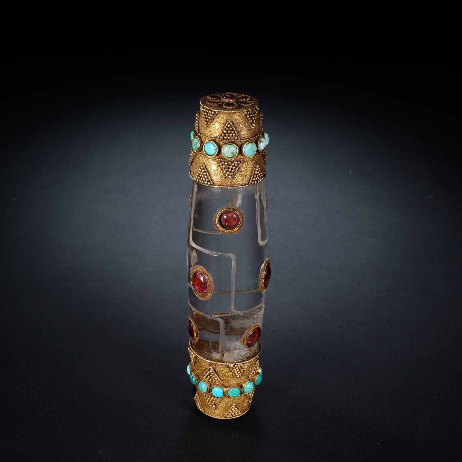 White Crystal Inlaid Gilt Bronze and Gem Stone Dzi Bead Ornament: White Crystal Inlaid Gilt Bronze and Gem Stone Dzi Bead Ornament (13 x 3.5cm,Weight 214g)