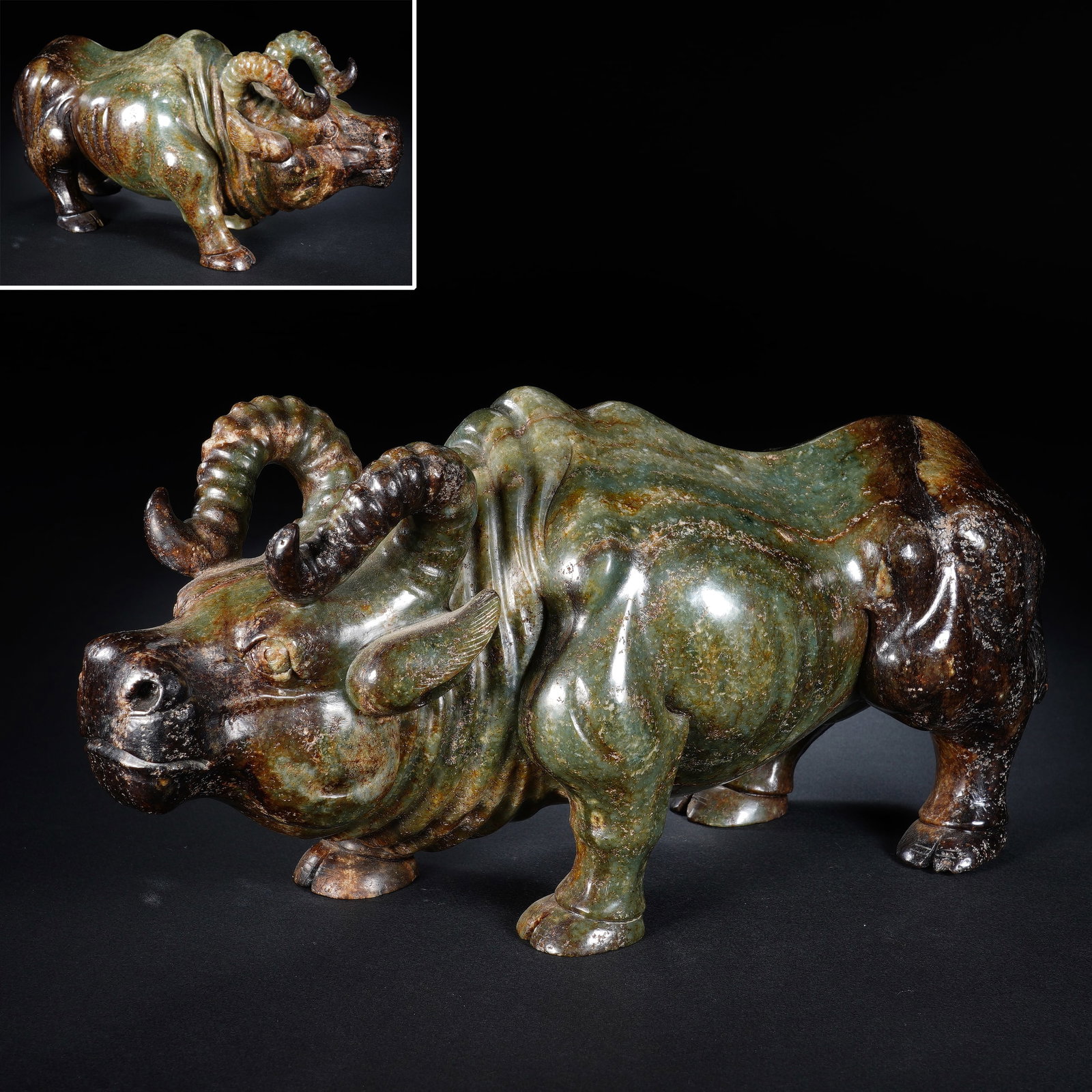 Jade Carved Ox Shape Figure: Jade Carved Ox Shape Figure (28 x 10 x 13cm,Weight 3698g)