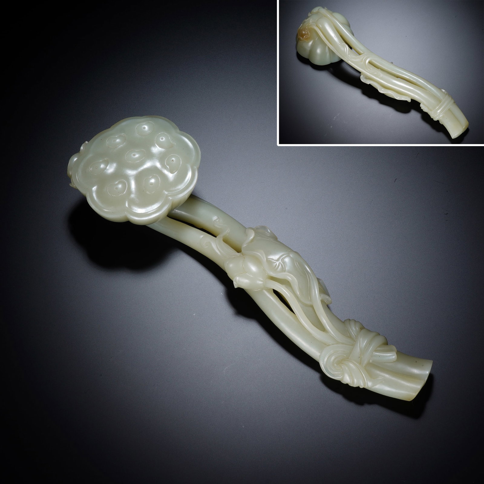 Jade Carved Lotus Pod Shape RuYi Ornament: Jade Carved Lotus Pod Shape RuYi Ornament (20.5cm,Weight 316g)