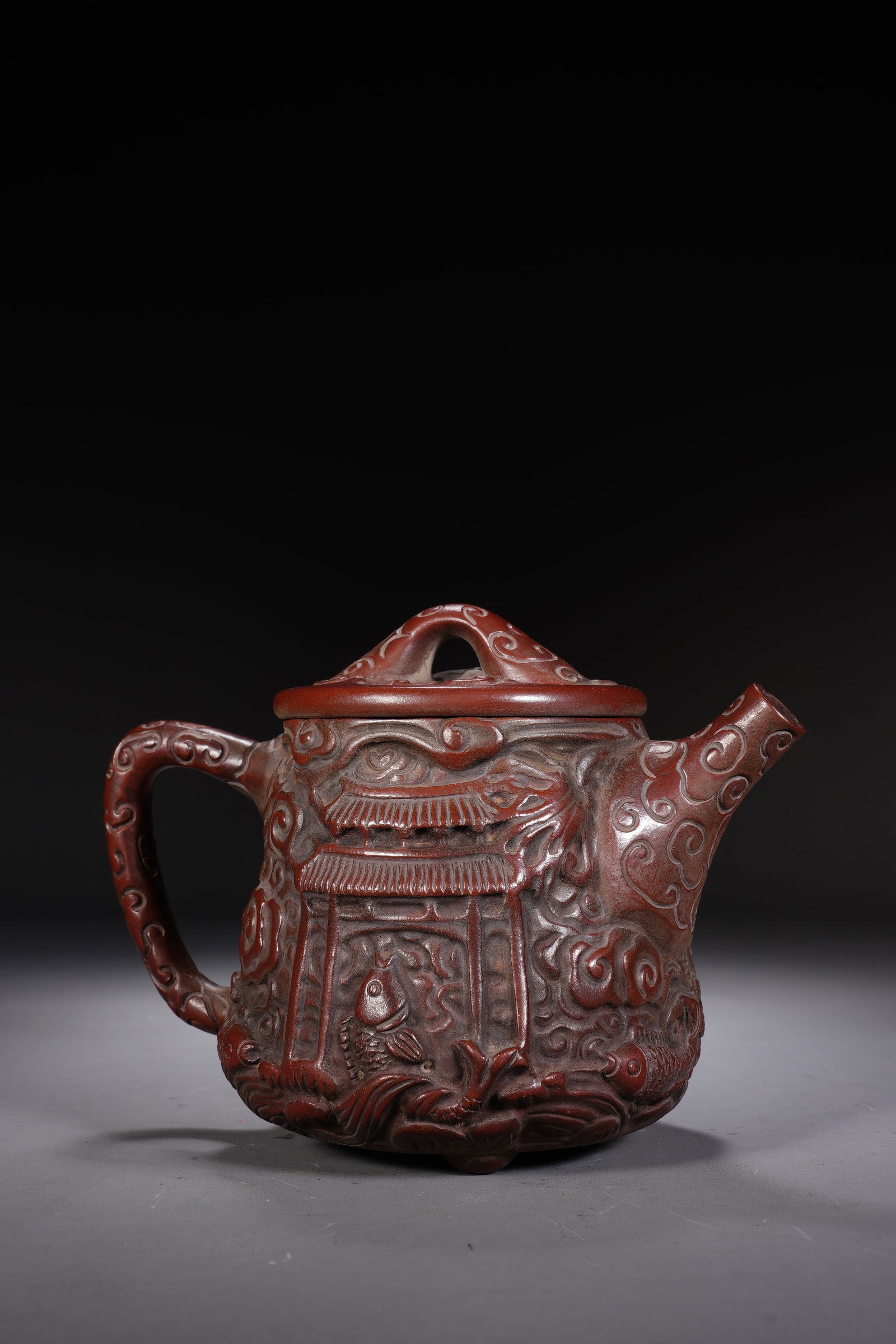 Purple Clay Carved Fish Pattern Teapot - 2