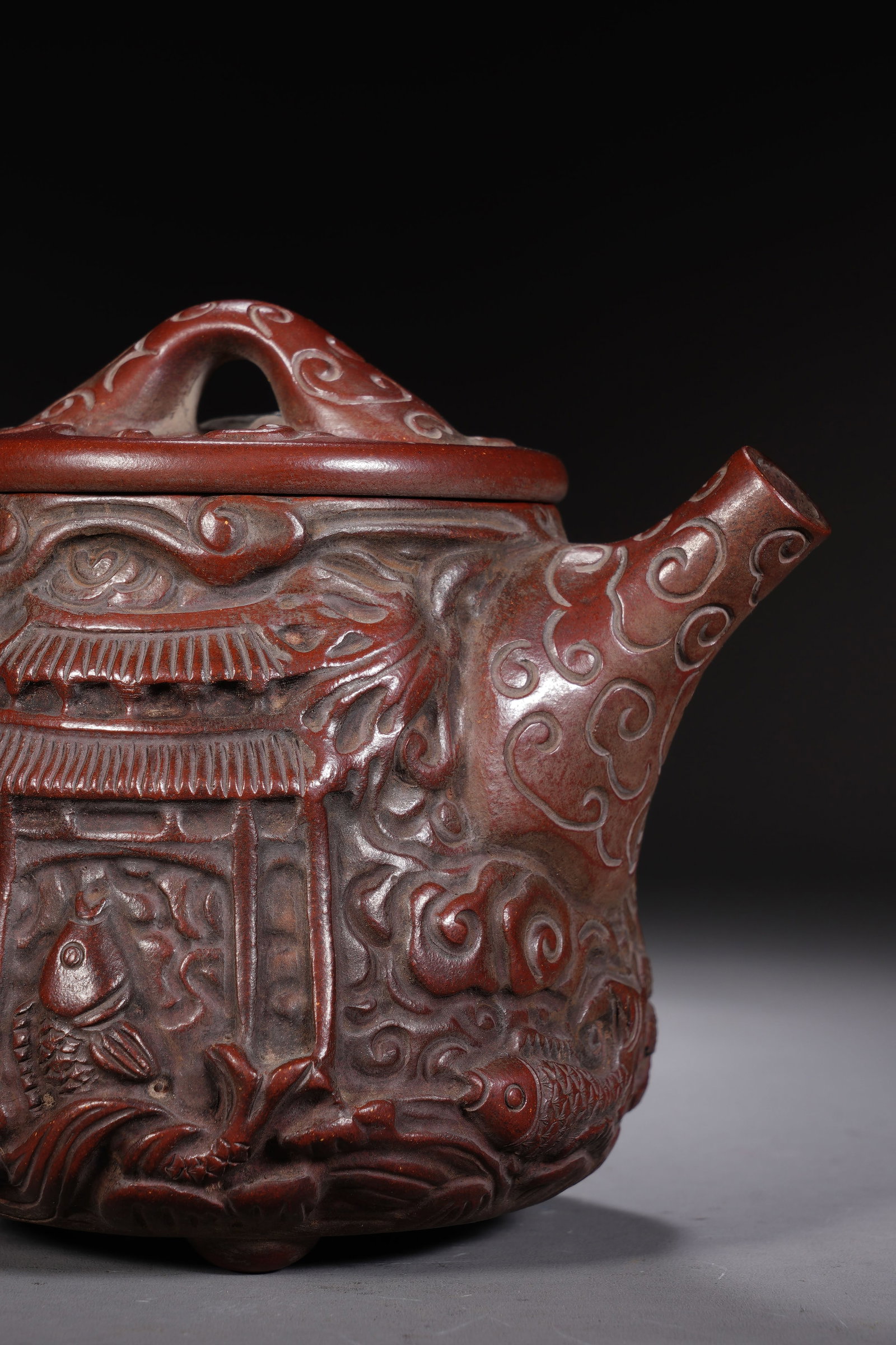 Purple Clay Carved Fish Pattern Teapot - 3