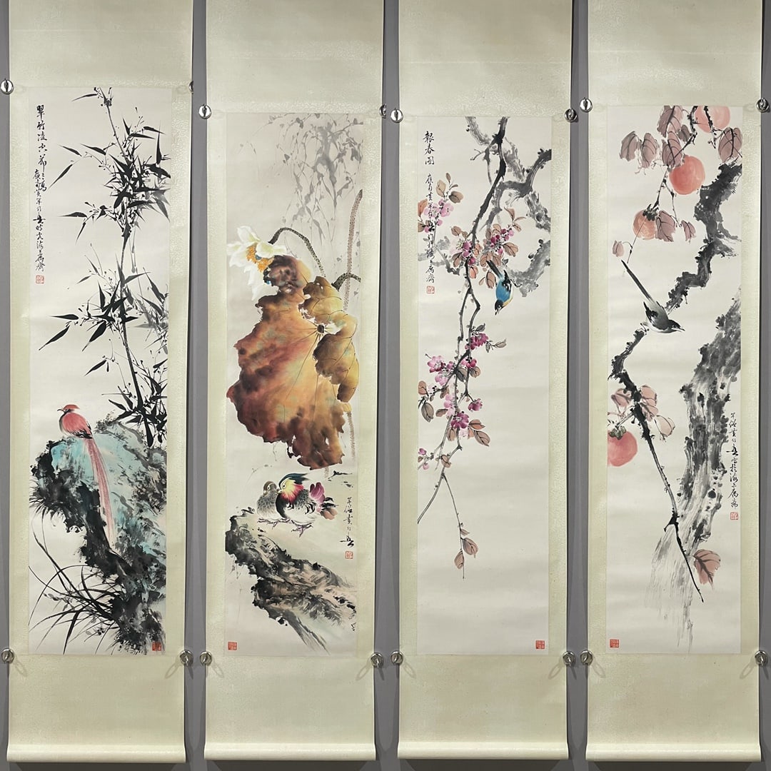 Group of Four Chinese Drawing Flower and Bird Painting,Huang Huanwu Mark (1 of 9)