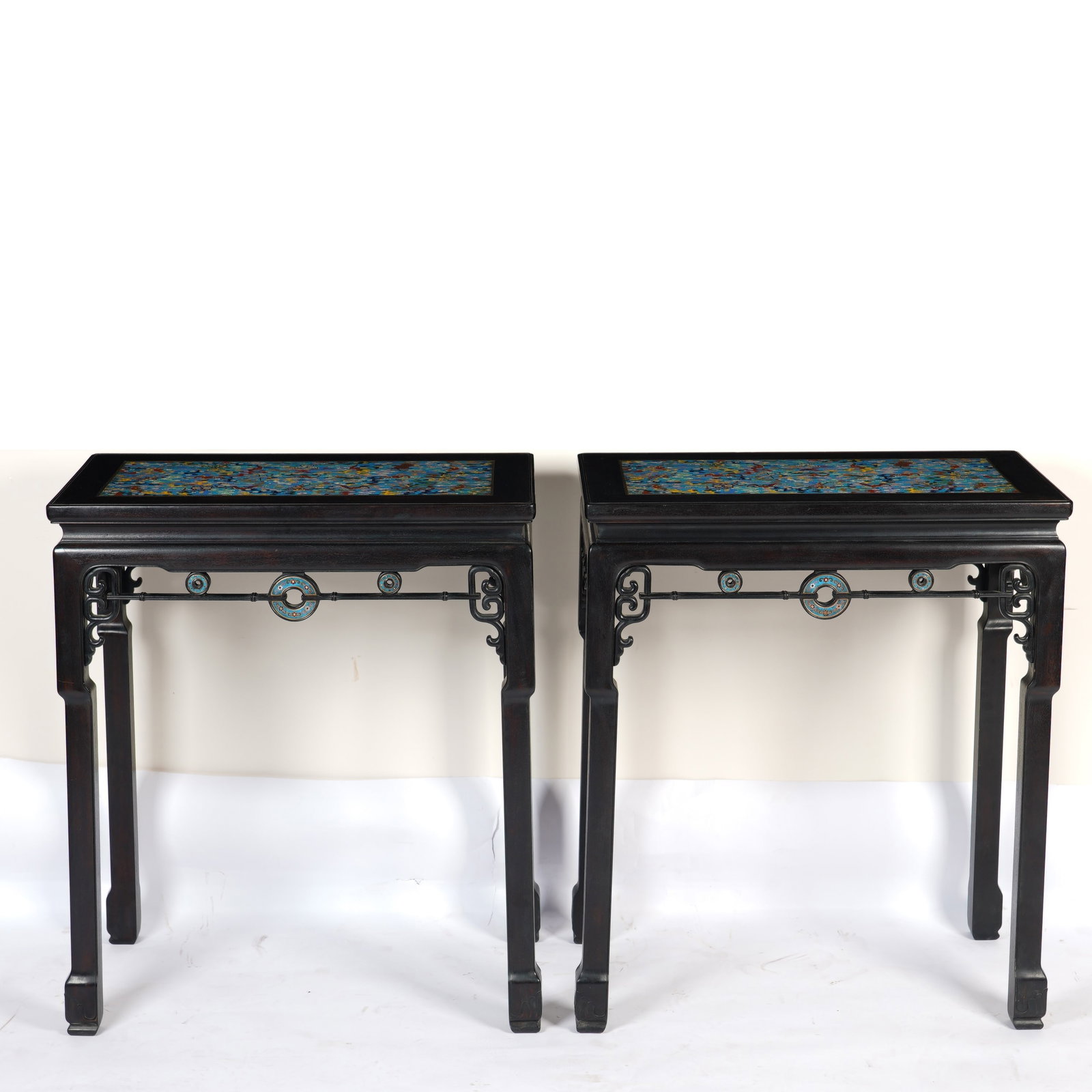 Pair of Red Sandalwood Inlaid Bronze Cloisonne Carved Cloud and Bat Pattern Table: Pair of Red Sandalwood Inlaid Bronze Cloisonne Carved Cloud and Bat Pattern Table (68 x 38 x 80cm)