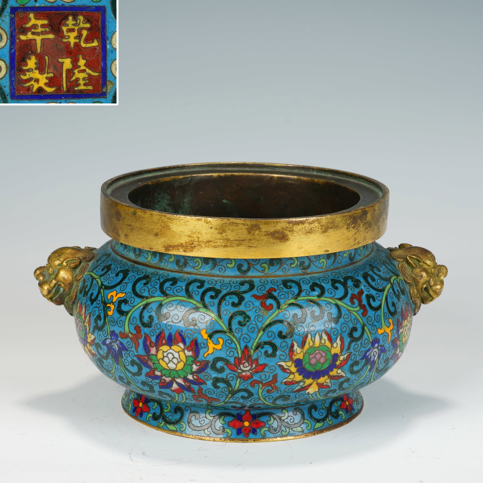 Bronze Cloisonne Carved Flower Pattern Double Lion Ears Incense Burner: Bronze Cloisonne Carved Flower Pattern Double Lion Ears Incense Burner (22 x 18 x 12cm,Weight 5.4kg)