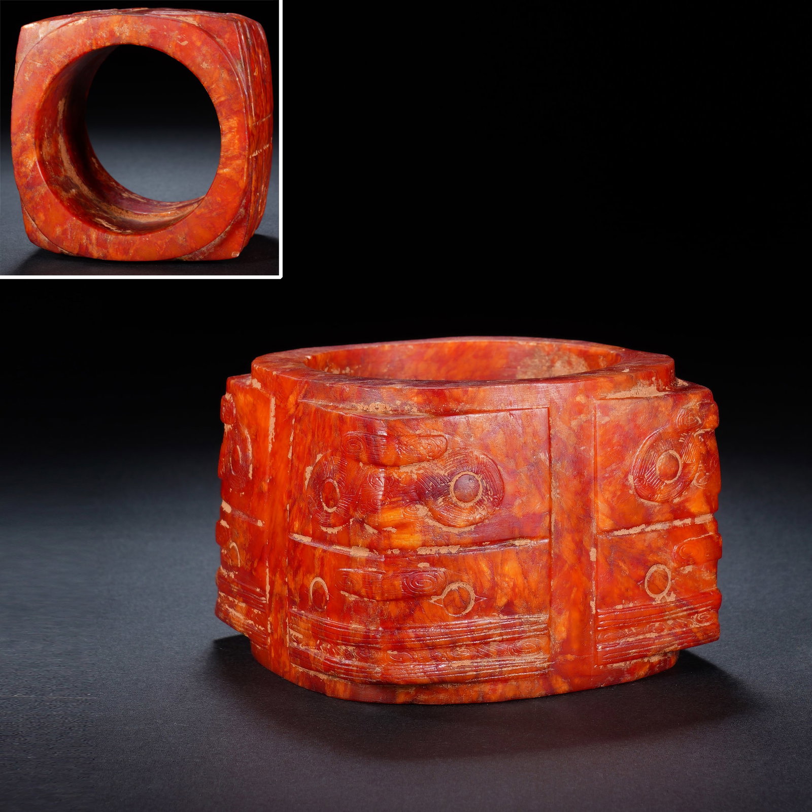 Liangzhu Jade Carved Beast Face Pattern Cong: Liangzhu Jade Carved Beast Face Pattern Cong (8 x 8 x 6cm,Weight 440g)