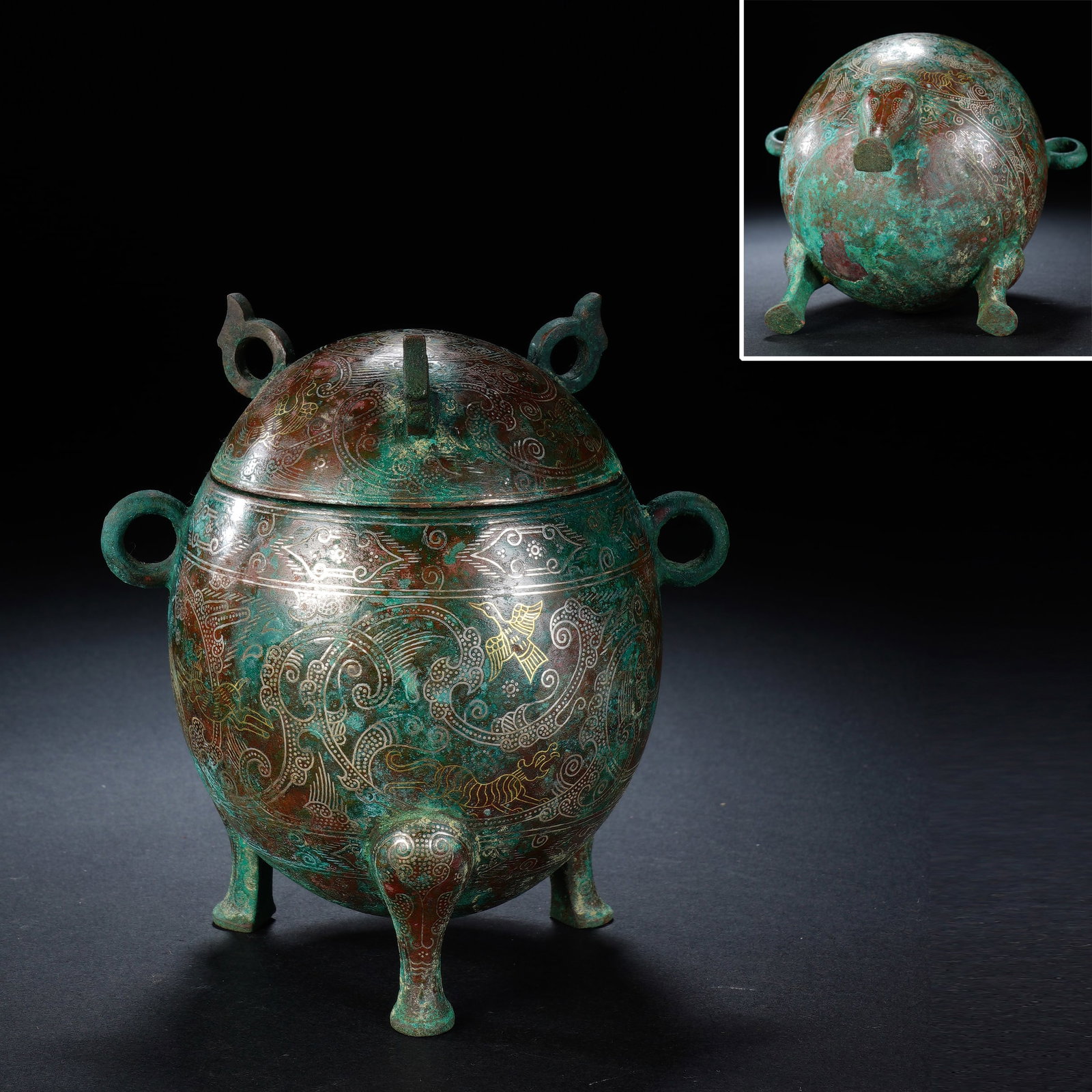 Chinese Bronze Gold and Silver Inlaid Carved Dragon and Phoenix Pattern Lid Pot: Chinese Bronze Gold and Silver Inlaid Carved Dragon and Phoenix Pattern Lid Pot (10.5 x 8 x 11.5cm,Weight 544g)