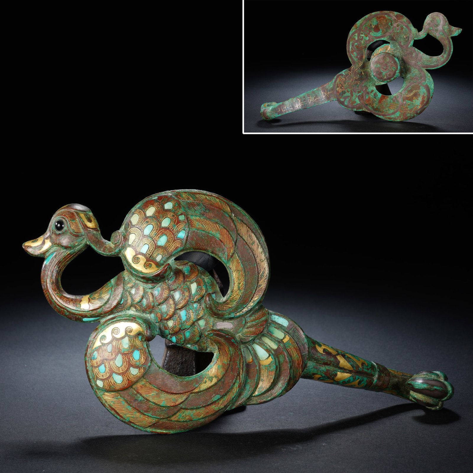 Chinese Bronze Gold and Silver Inlaid Turquoise Carved Bird Shape Belt Hook: Chinese Bronze Gold and Silver Inlaid Turquoise Carved Bird Shape Belt Hook (19.5 x 11 x 2.5cm,Weight 448g)