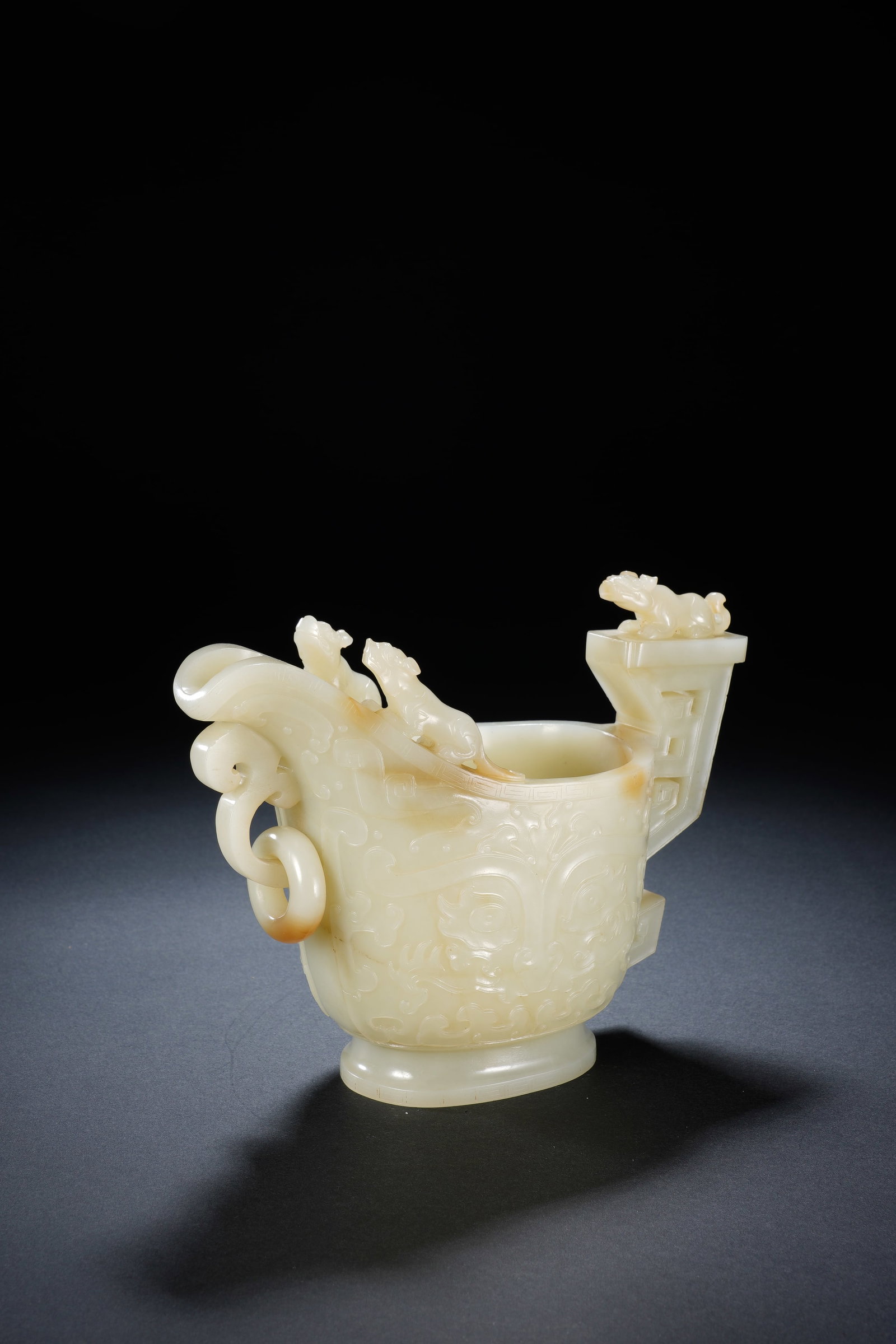 Jade Carved Beast Face Pattern Dragon Head Shape Cup - 2