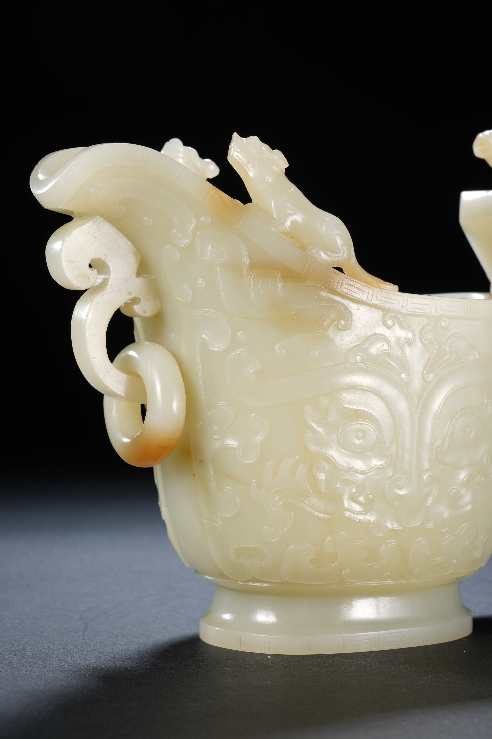 Jade Carved Beast Face Pattern Dragon Head Shape Cup - 3