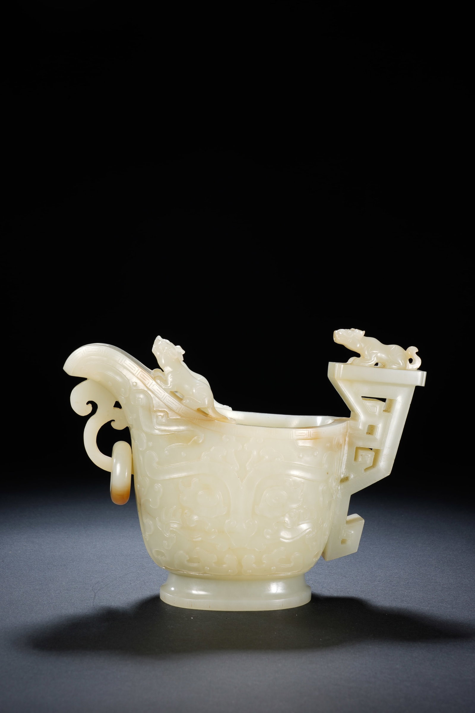 Jade Carved Beast Face Pattern Dragon Head Shape Cup - 4