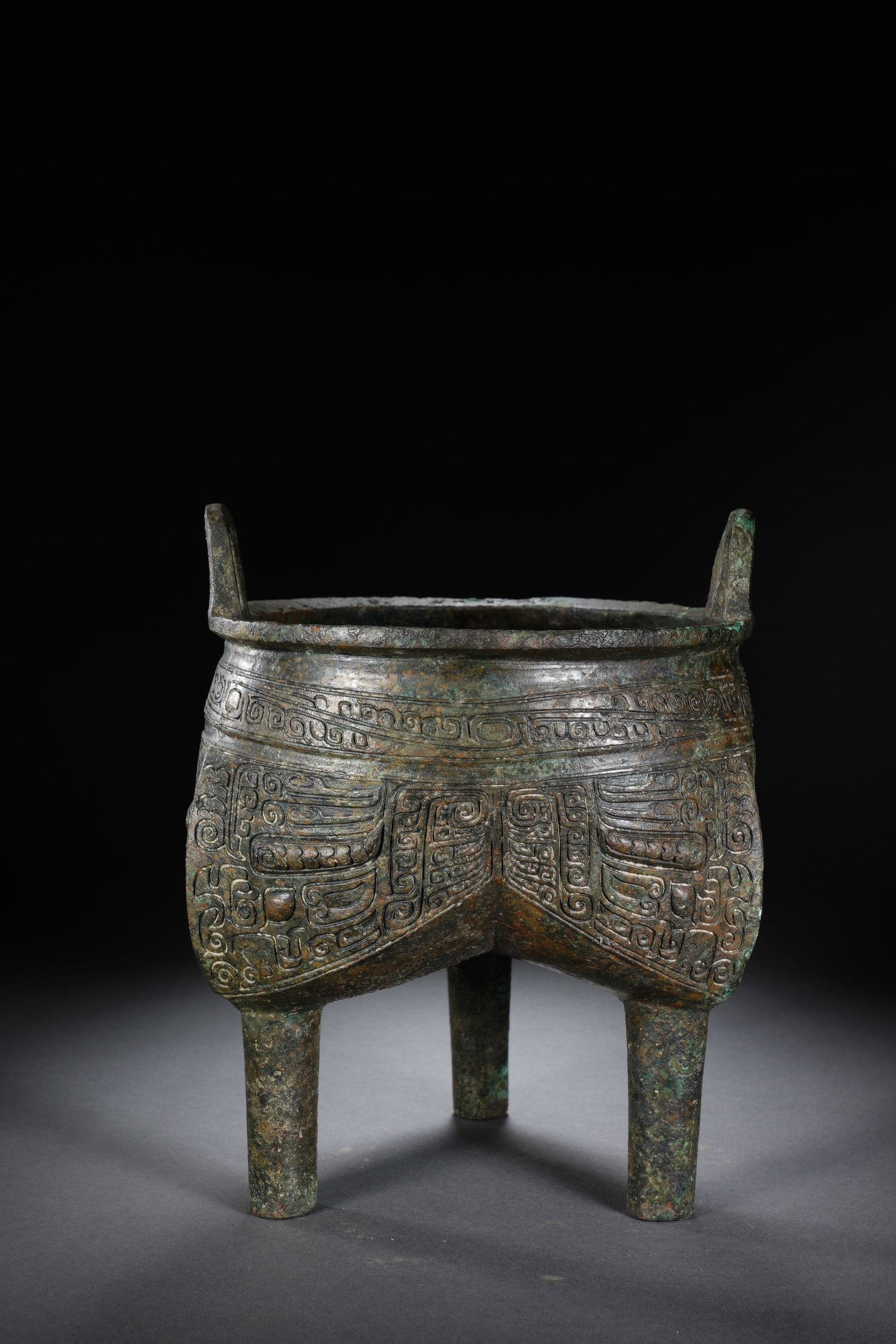 Chinese Bronze Carved Beast Face Pattern Double Ears Ding - 5